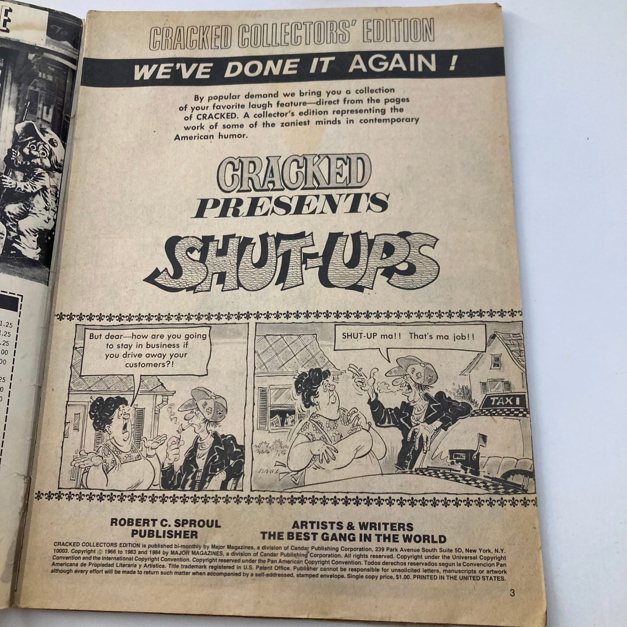 Interior page of VTG Cracked Collector's Ed. Magazine May 1984 showcasing a comic panel from SHUT-UPS, emphasizing classic humor.