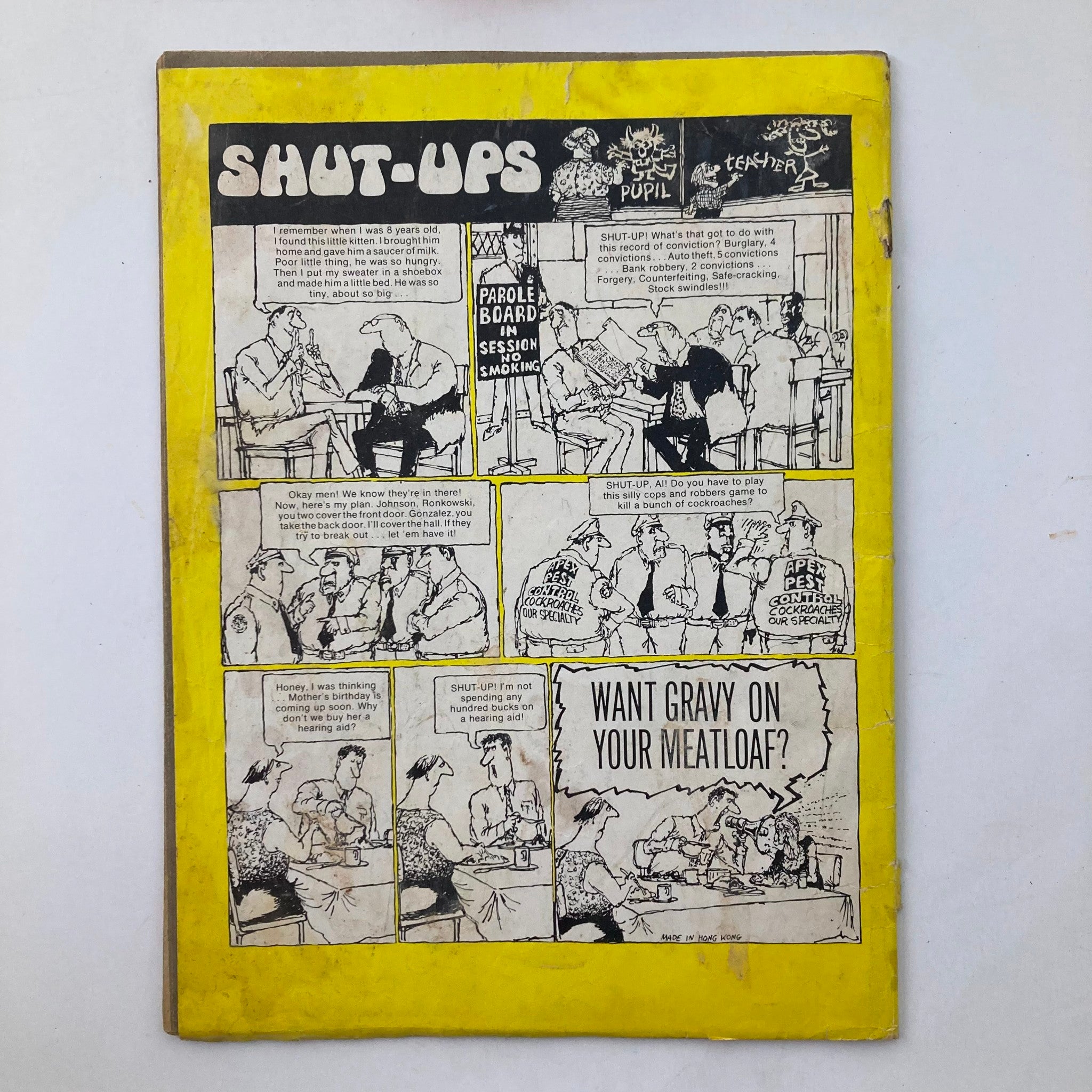 Back cover of VTG Cracked Collector's Ed. Magazine May 1984 displaying SHUT-UPS comics, highlighting comedic sketches.