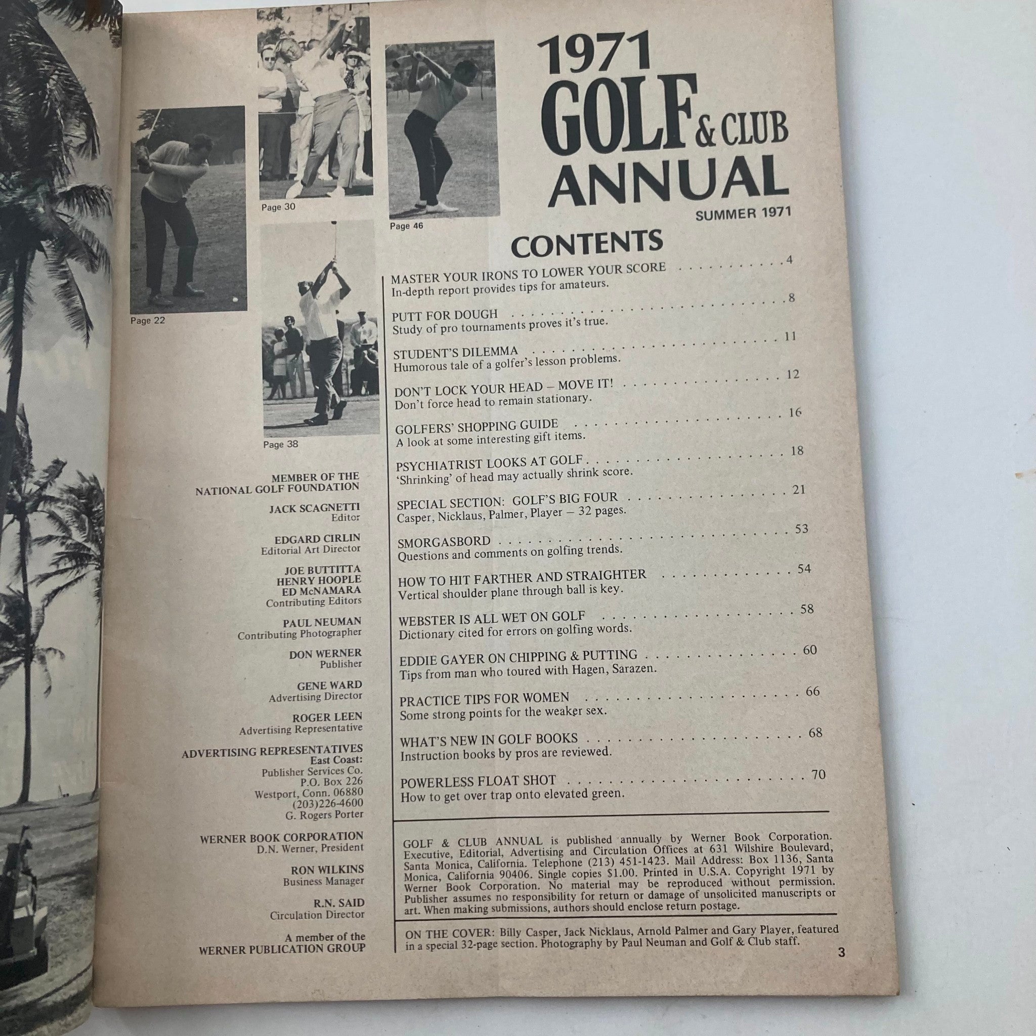 Contents page of the VTG Golf & Club Annual Magazine Summer 1971, outlining articles and features including tips for golfers and a special section on the Big Four.