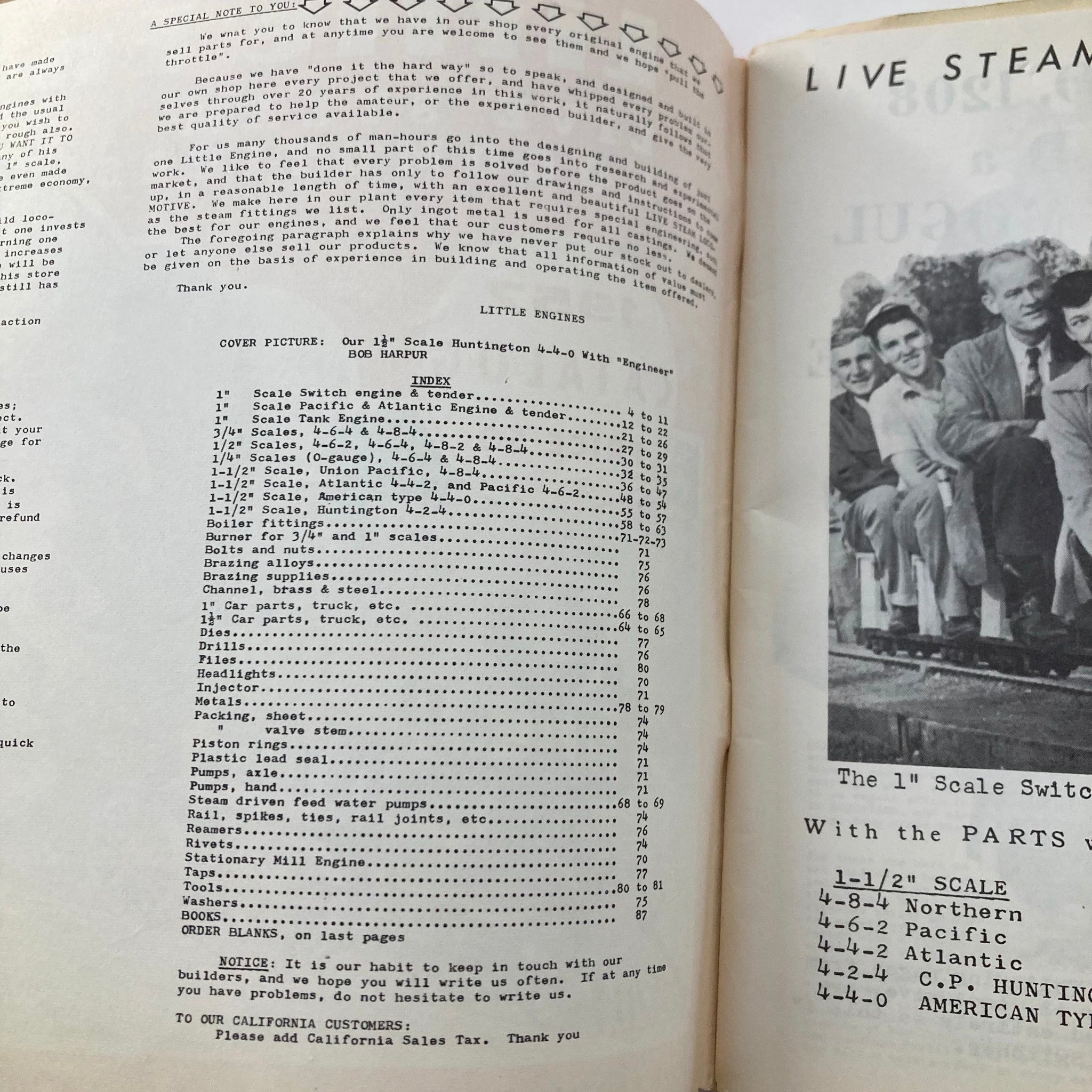 Interior page of the VTG 1957 Little Engines Live Steam Locomotives Catalog featuring the index and notes by Bob Harpur, showcasing detailed information essential for model railroading enthusiasts.