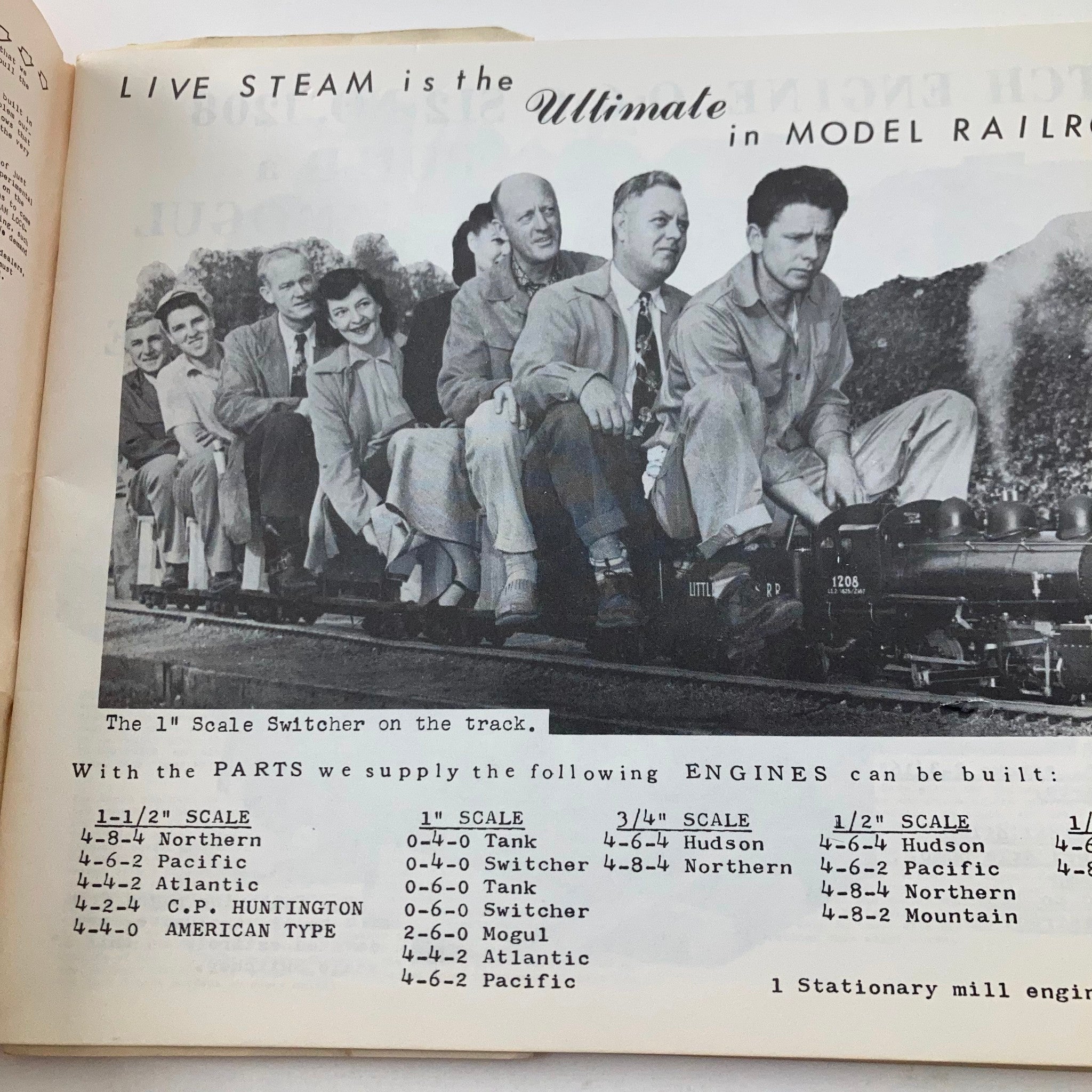 Black and white photograph from the VTG 1957 Little Engines Live Steam Locomotives Catalog, displaying individuals seated on a miniature steam locomotive, emphasizing the live steam model railroading experience.