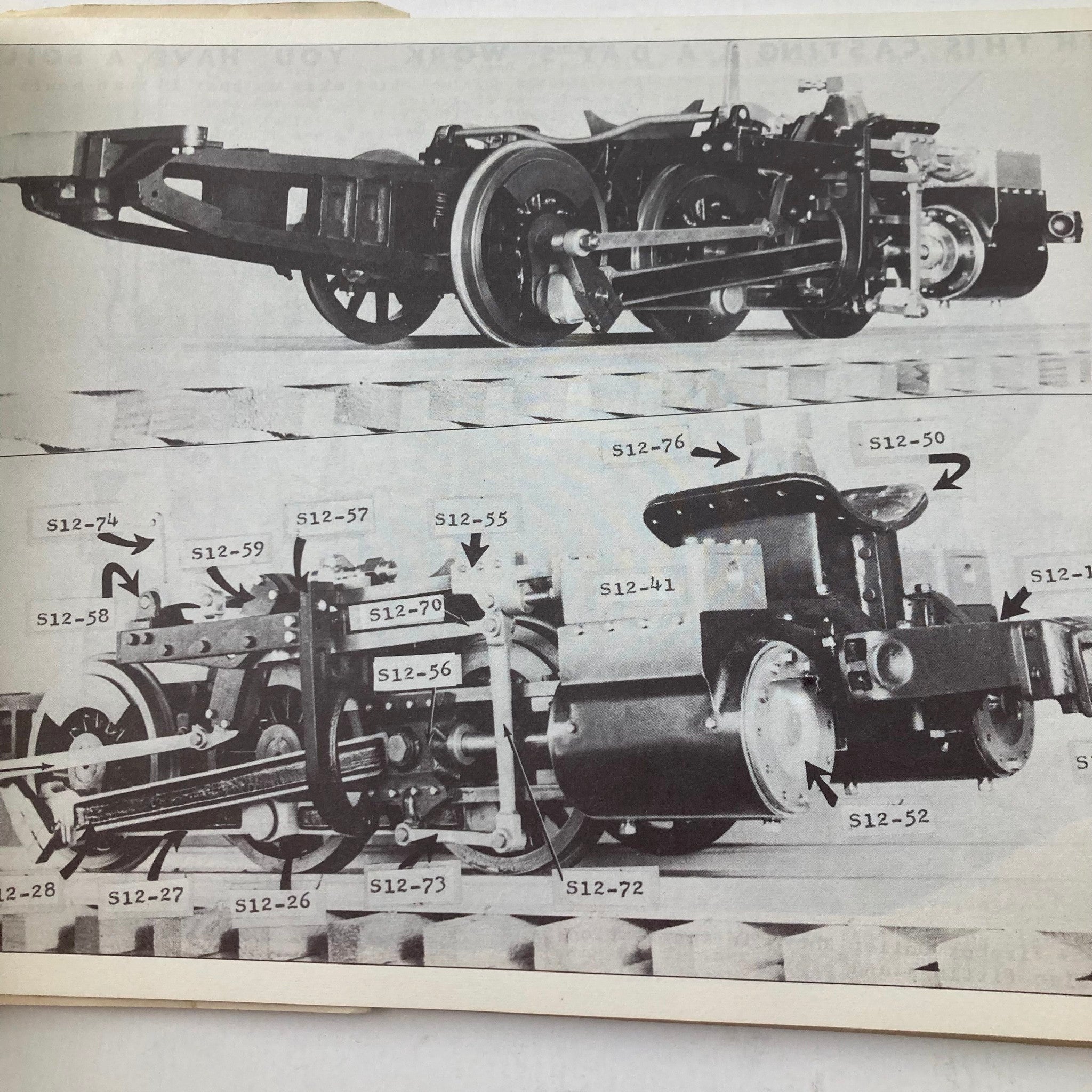 Close-up image of locomotive components in the VTG 1957 Little Engines Live Steam Locomotives Catalog, labeled with part numbers, highlighting the intricate details of live steam locomotive mechanics.