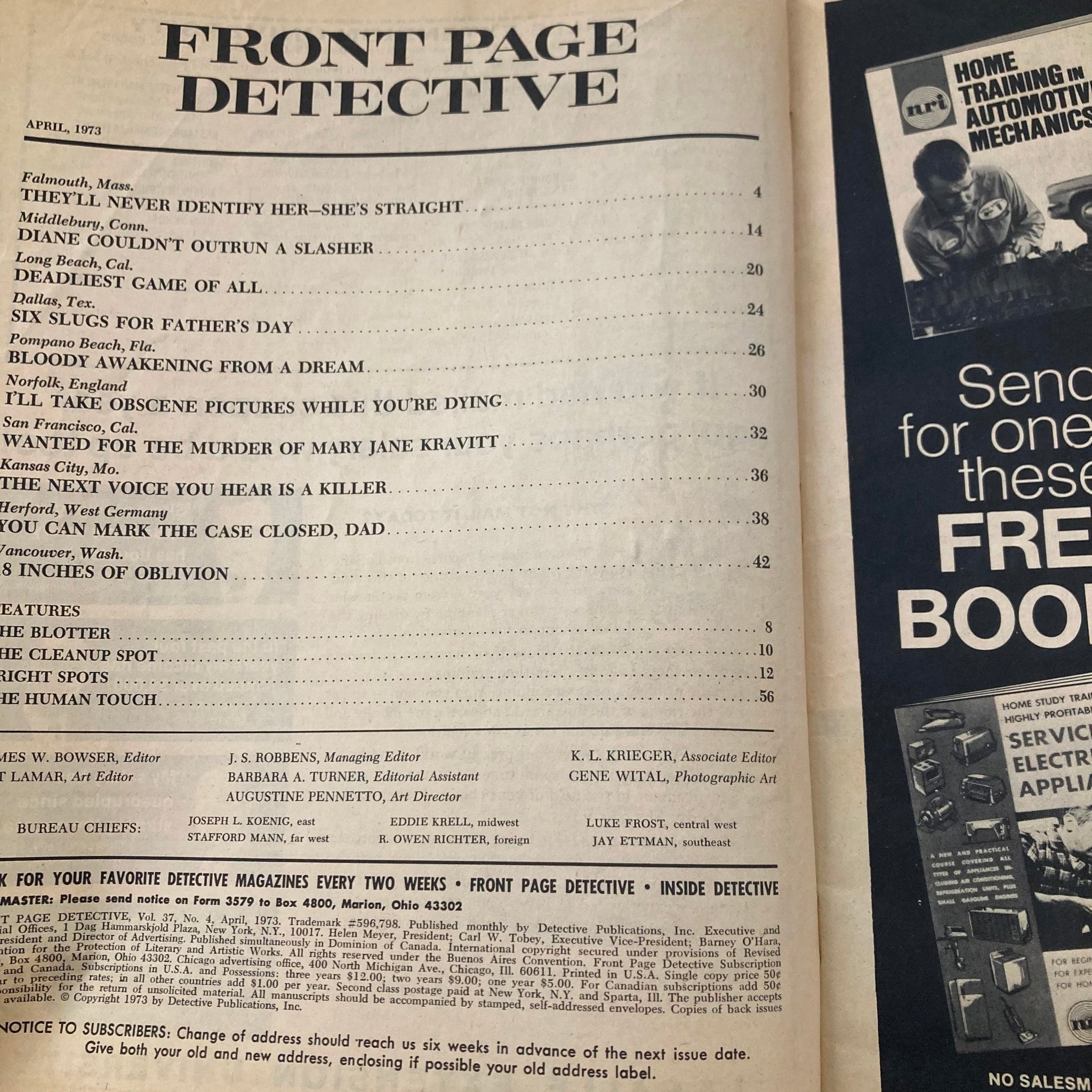 Page from VTG Front Page Detective Magazine April 1973 featuring contents including crime stories and articles.