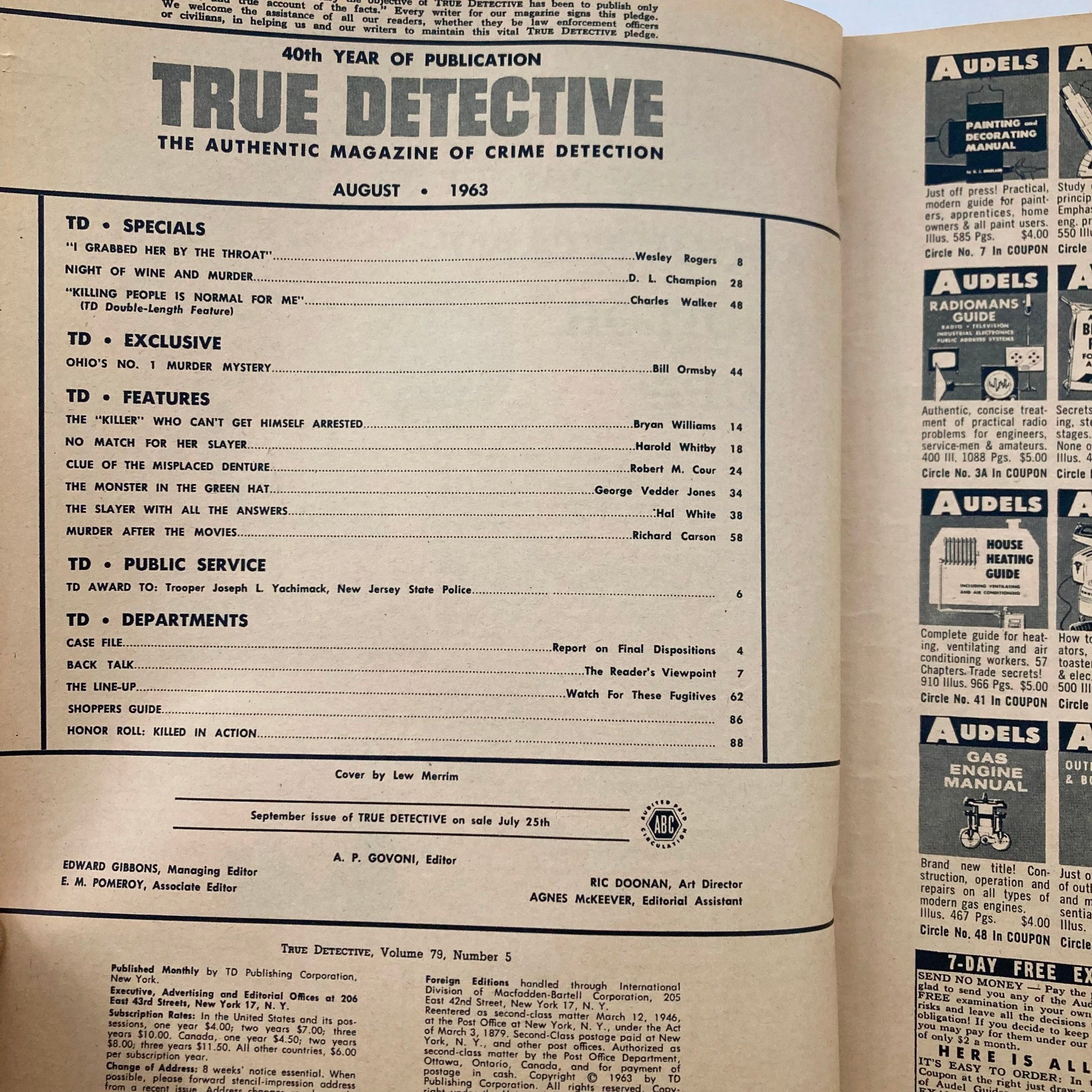 VTG True Detective Magazine August 1963 Night of Wine and Murder No Label