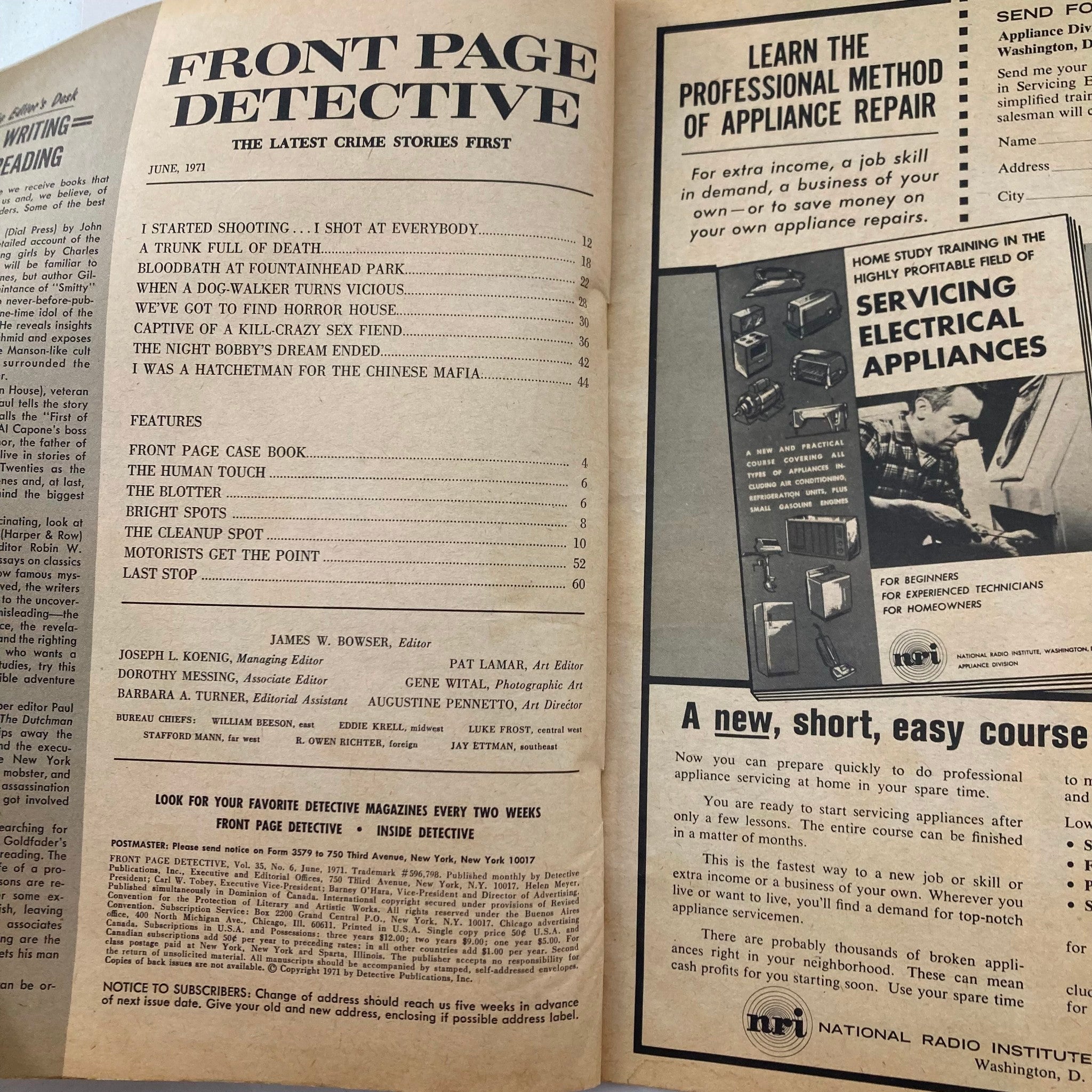 Interior pages of VTG Front Page Detective Magazine from June 1971 featuring the table of contents, crime stories, and advertisements, showcasing its vintage appeal.