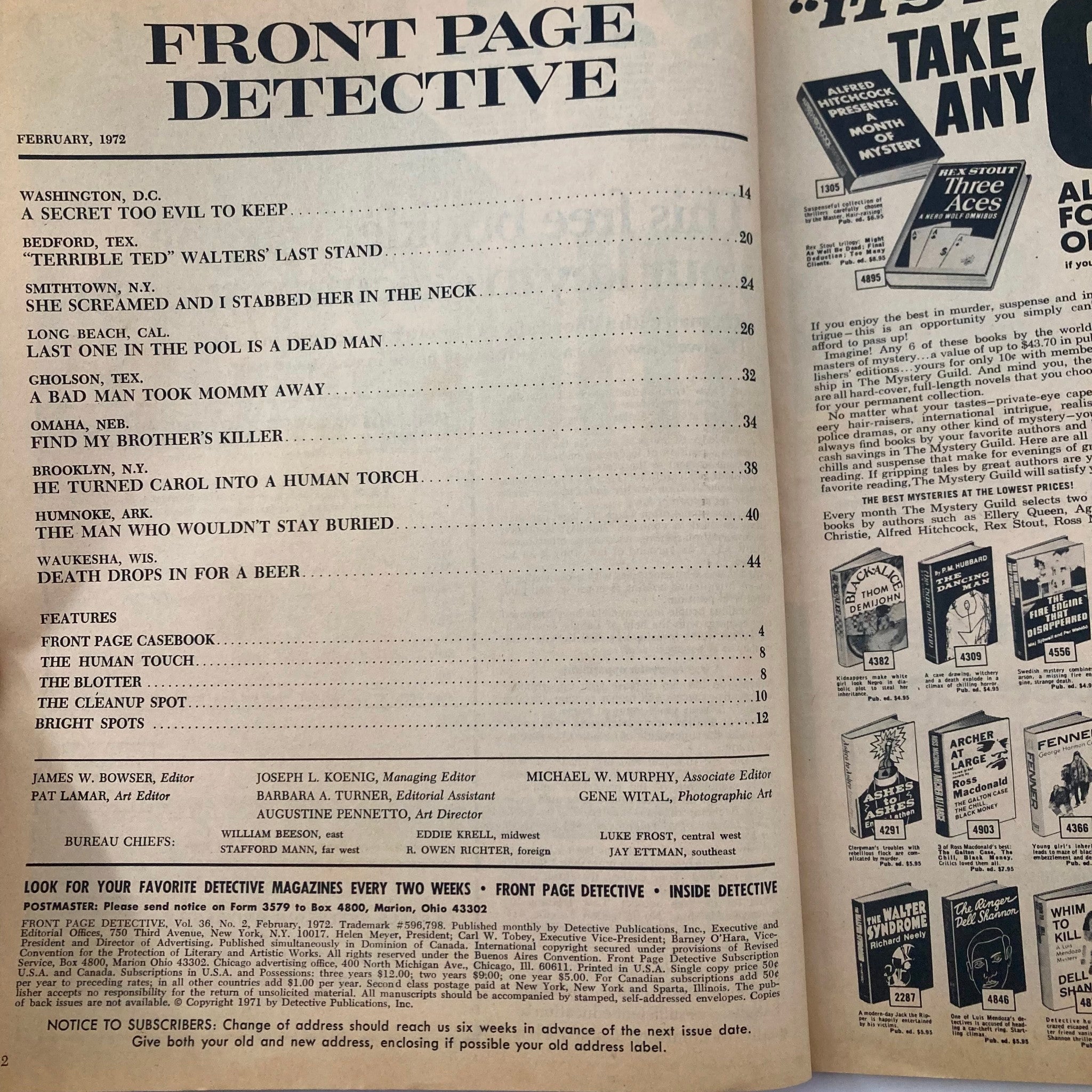 Inside page of the February 1972 Front Page Detective Magazine. Features a table of contents highlighting key articles, including 'Death Drops in for Beer' and 'He Turned Carol into a Human Torch,' showcasing the magazine's engaging crime stories.