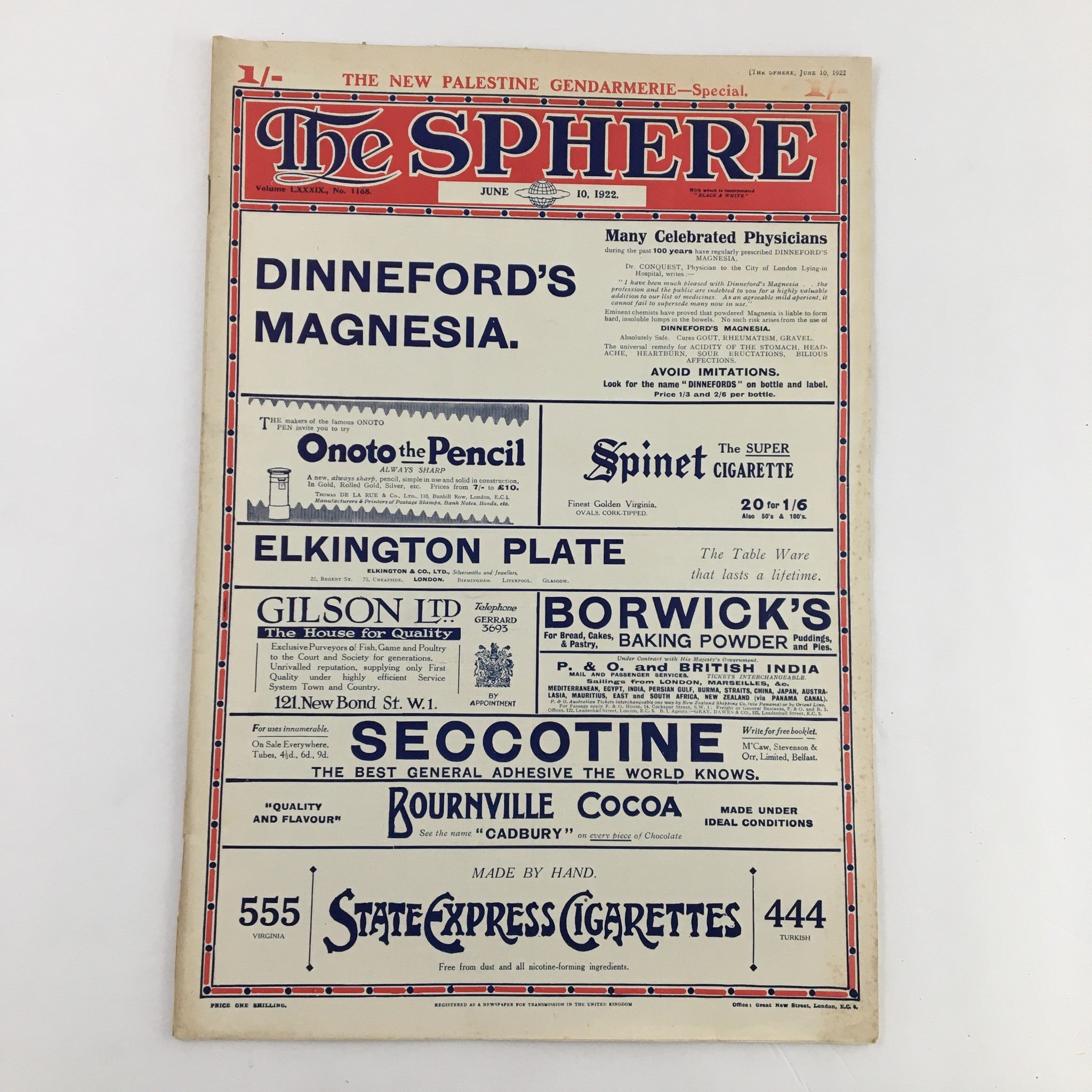 Cover page of The Sphere Newspaper from June 10, 1922, featuring an advertisement for Dineford's Magnesia and promoting various products, highlighting The King's Birthday & The Horse Guards Palace.