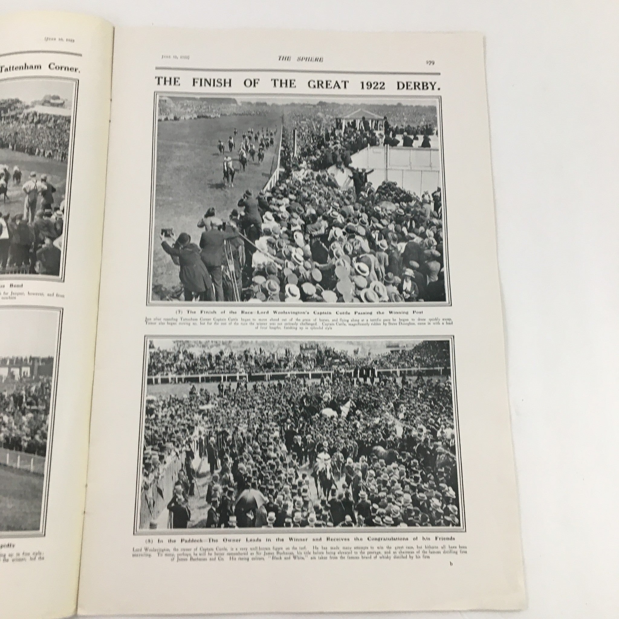 An article spread from The Sphere Newspaper dated June 10, 1922, showing the crowd at the finish of the Great 1922 Derby, celebrating The King's Birthday & The Horse Guards Palace.