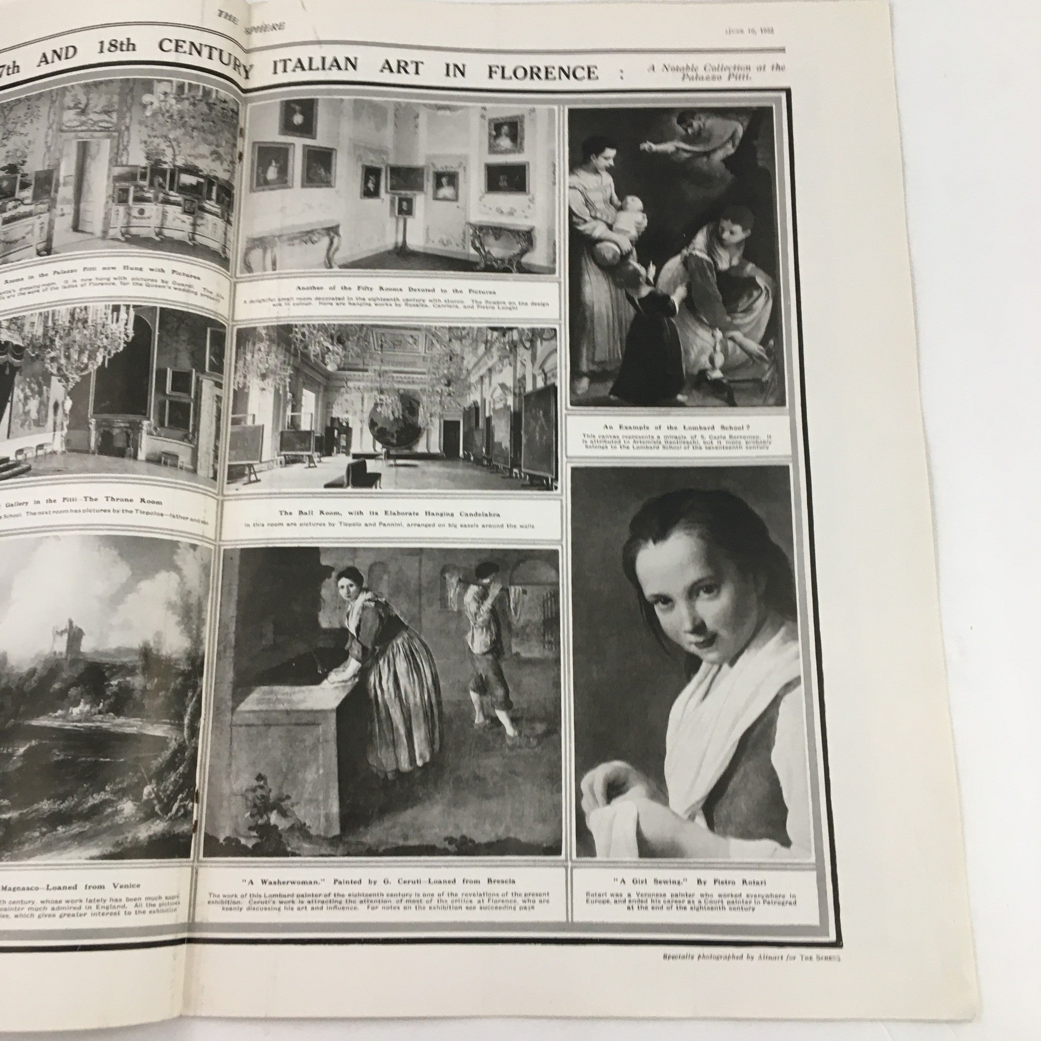 A detailed page from The Sphere Newspaper, June 10, 1922, showcasing 17th and 18th-century Italian art, in connection with The King's Birthday & The Horse Guards Palace.