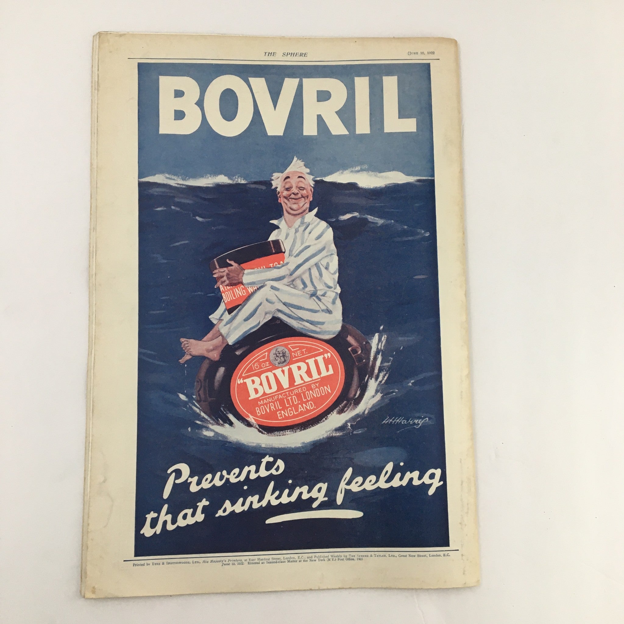 Advertisement for Bovril featured on the back cover of The Sphere Newspaper, June 10, 1922, promoting the brand while celebrating The King's Birthday & The Horse Guards Palace.
