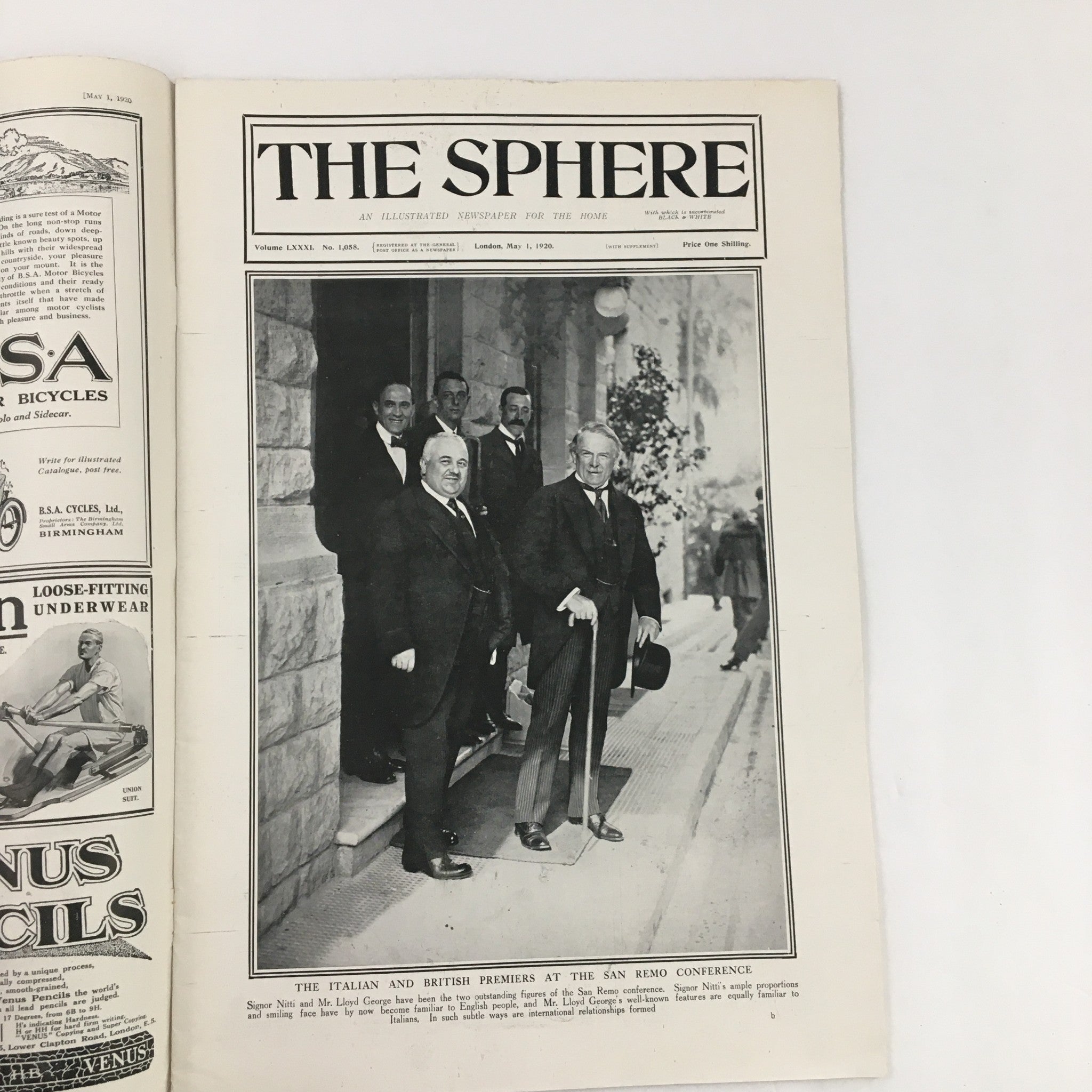 The Sphere Newspaper  May 1 1920 Signor Niti and Mr. Lloyd George at San Reno