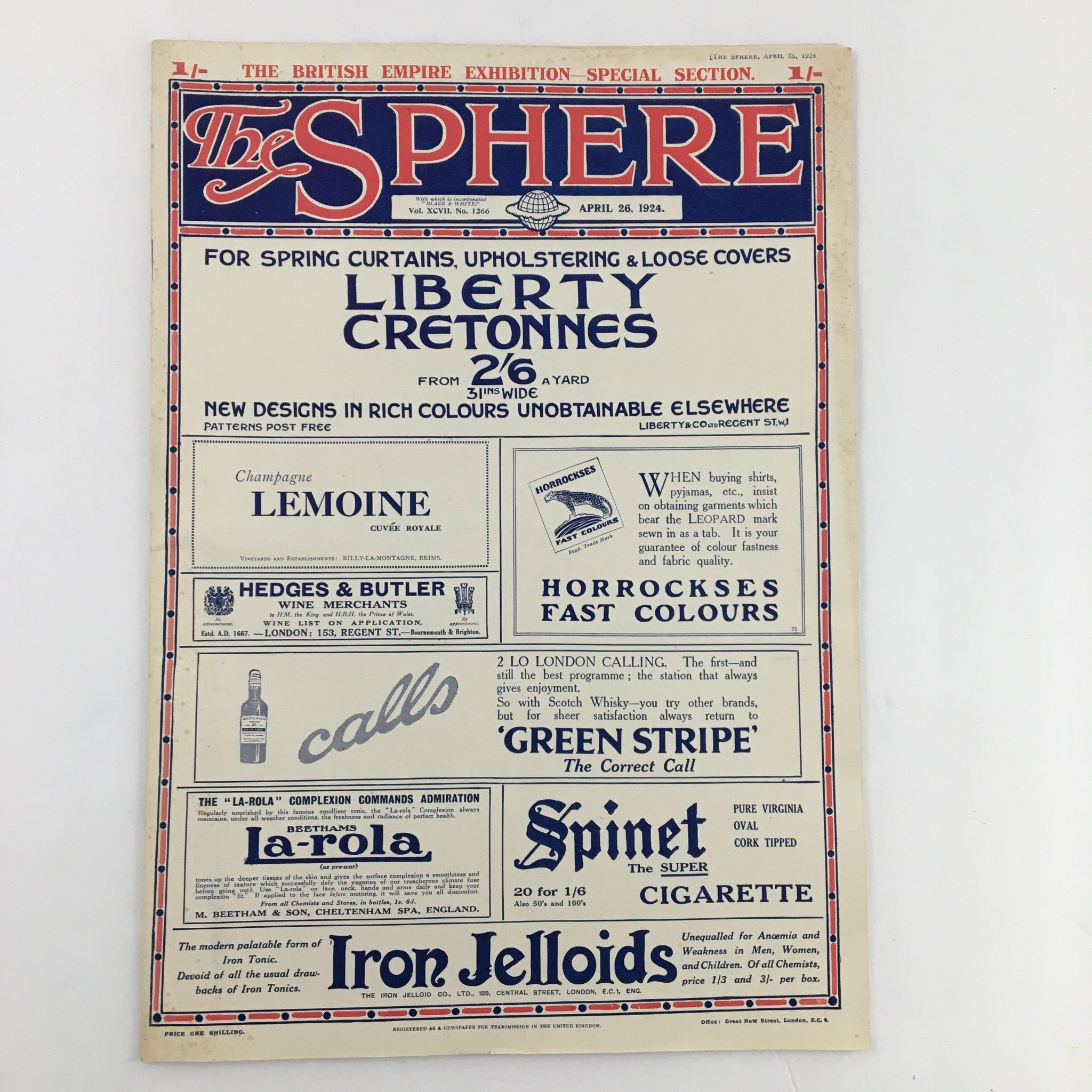 The Sphere Newspaper April 26 1924 cover showcasing promotional designs for fabrics, including Liberty Cretone, under the British Empire Exhibition special section.