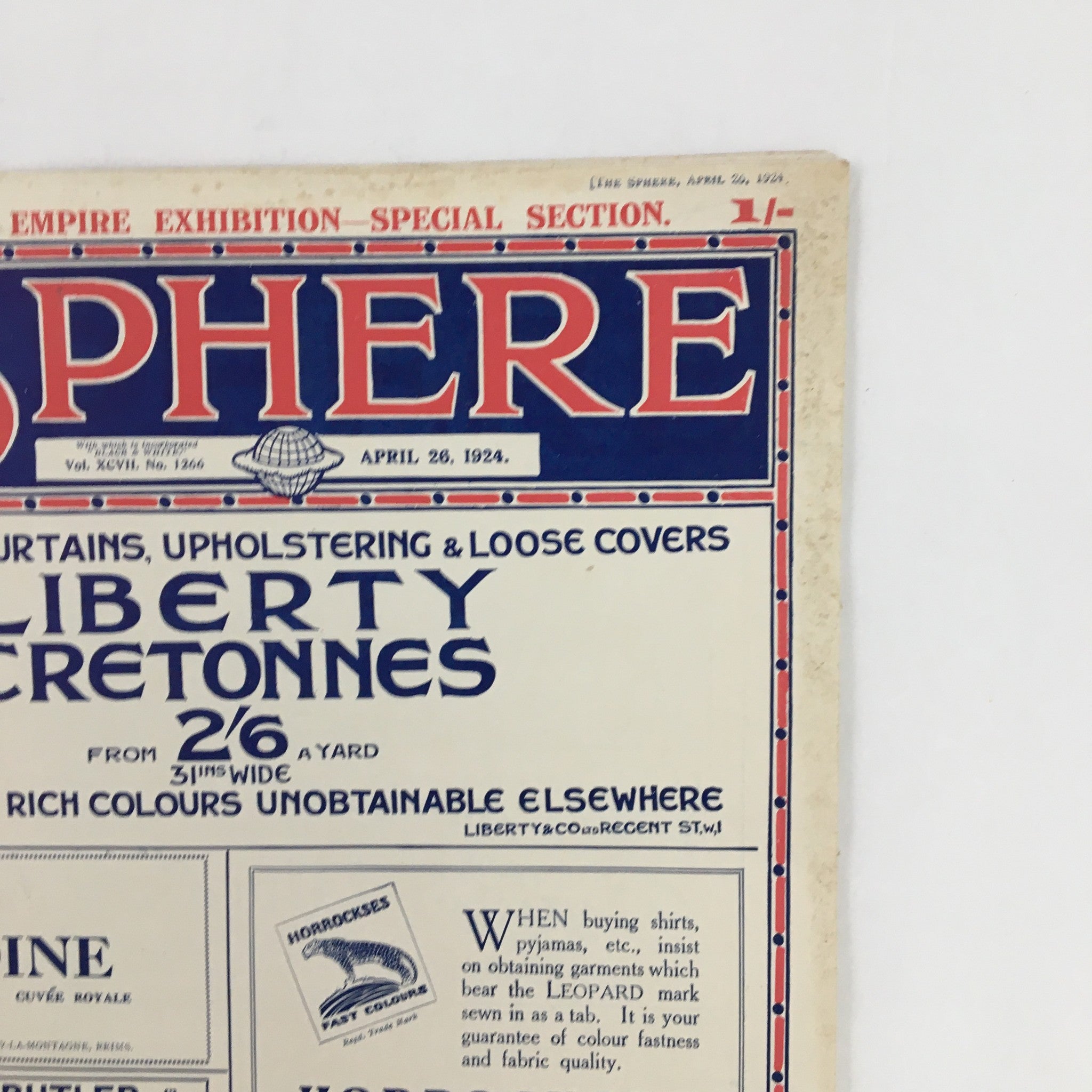 Close-up of The Sphere Newspaper April 26 1924 cover details highlighting Liberty Cretone fabric designs and pricing information.