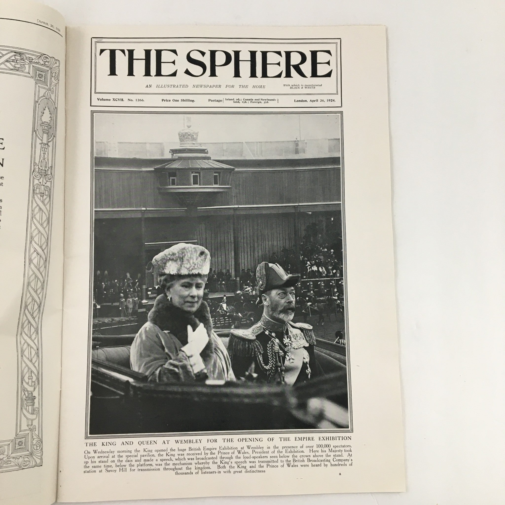 The Sphere Newspaper April 26 1924 cover featuring The King and Queen at Wembley Empire Exhibition in formal attire at the opening ceremony.