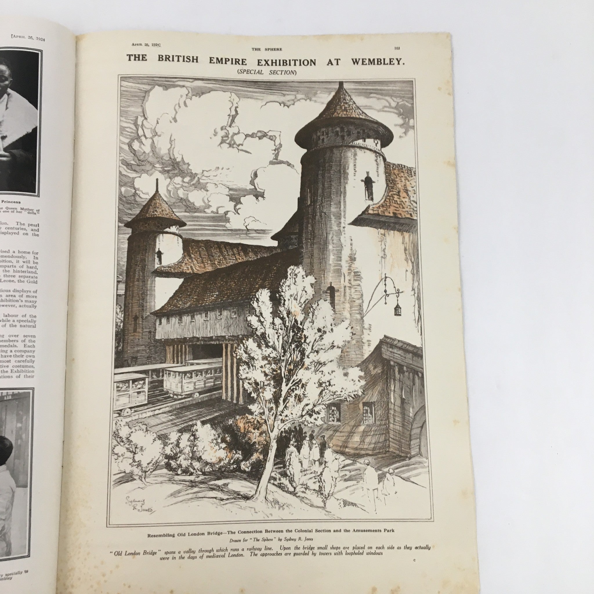 Inside page from The Sphere Newspaper April 26 1924 illustrating the British Empire Exhibition at Wembley with detailed architectural drawings.