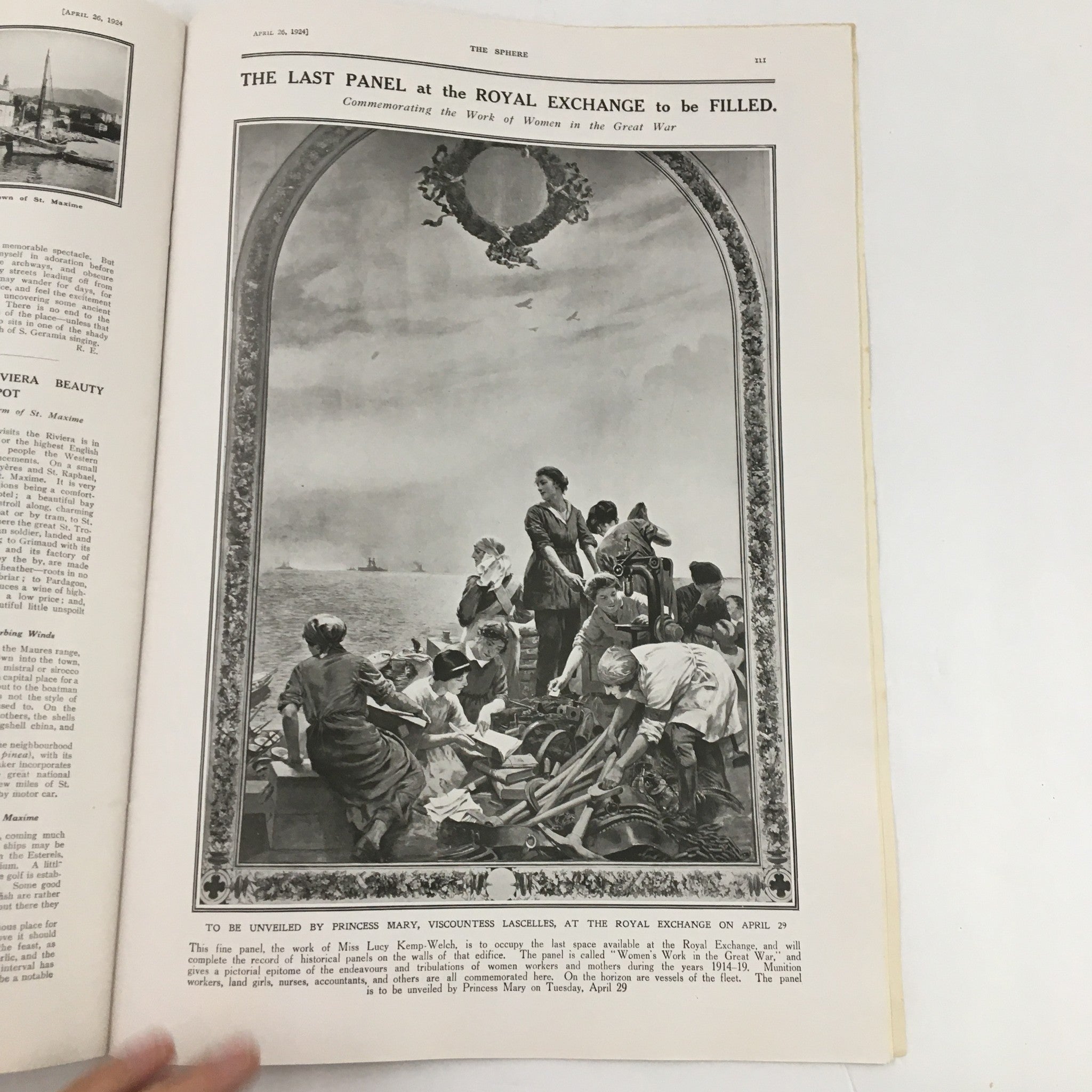 Inside page of The Sphere Newspaper April 26 1924 featuring a significant artistic representation commemorating an event at the Royal Exchange.