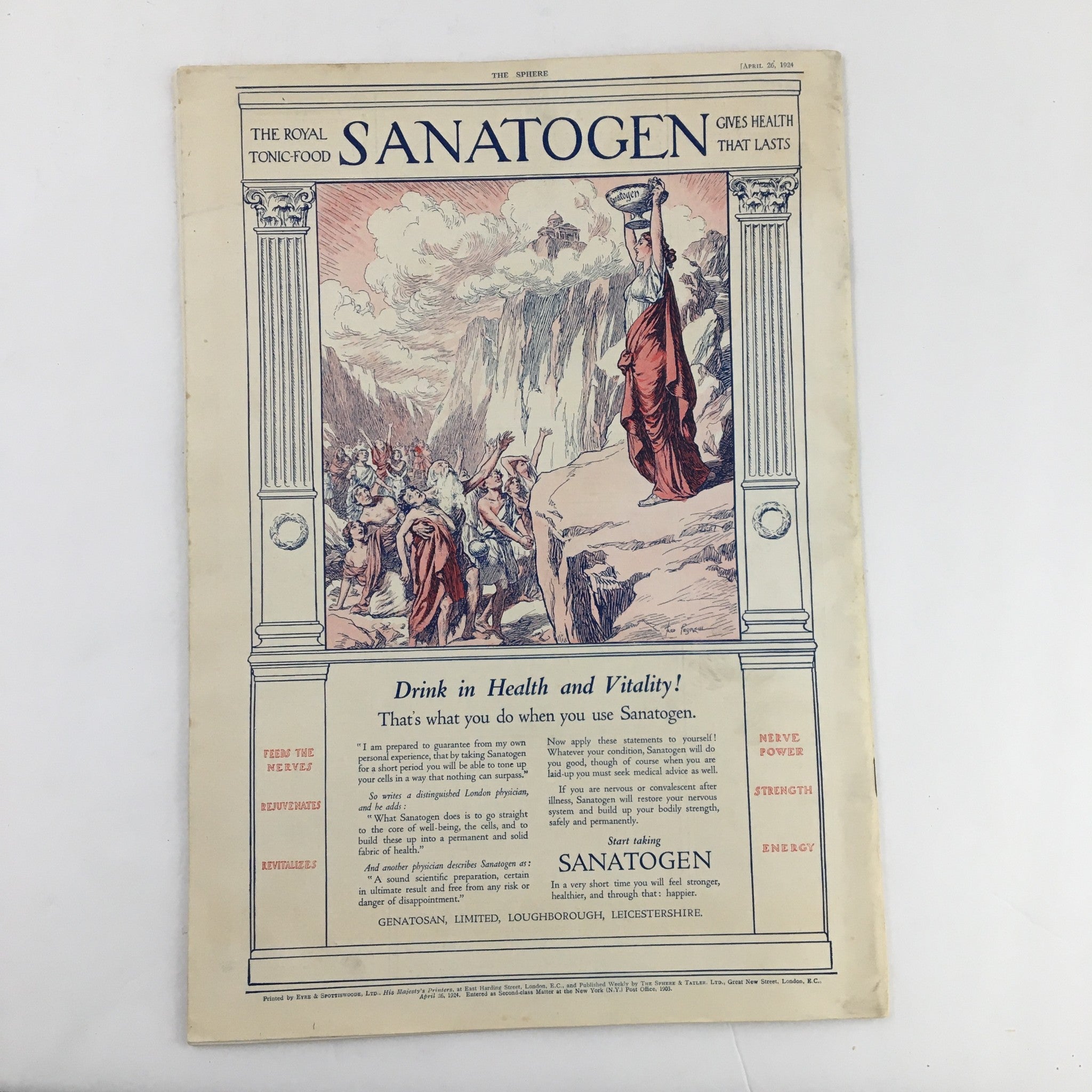 The Sphere Newspaper from April 26, 1924, featuring a cover story on The King and Queen at the Wembley Empire Exhibition, showcasing historic royal engagements and vibrant illustrations related to British culture.