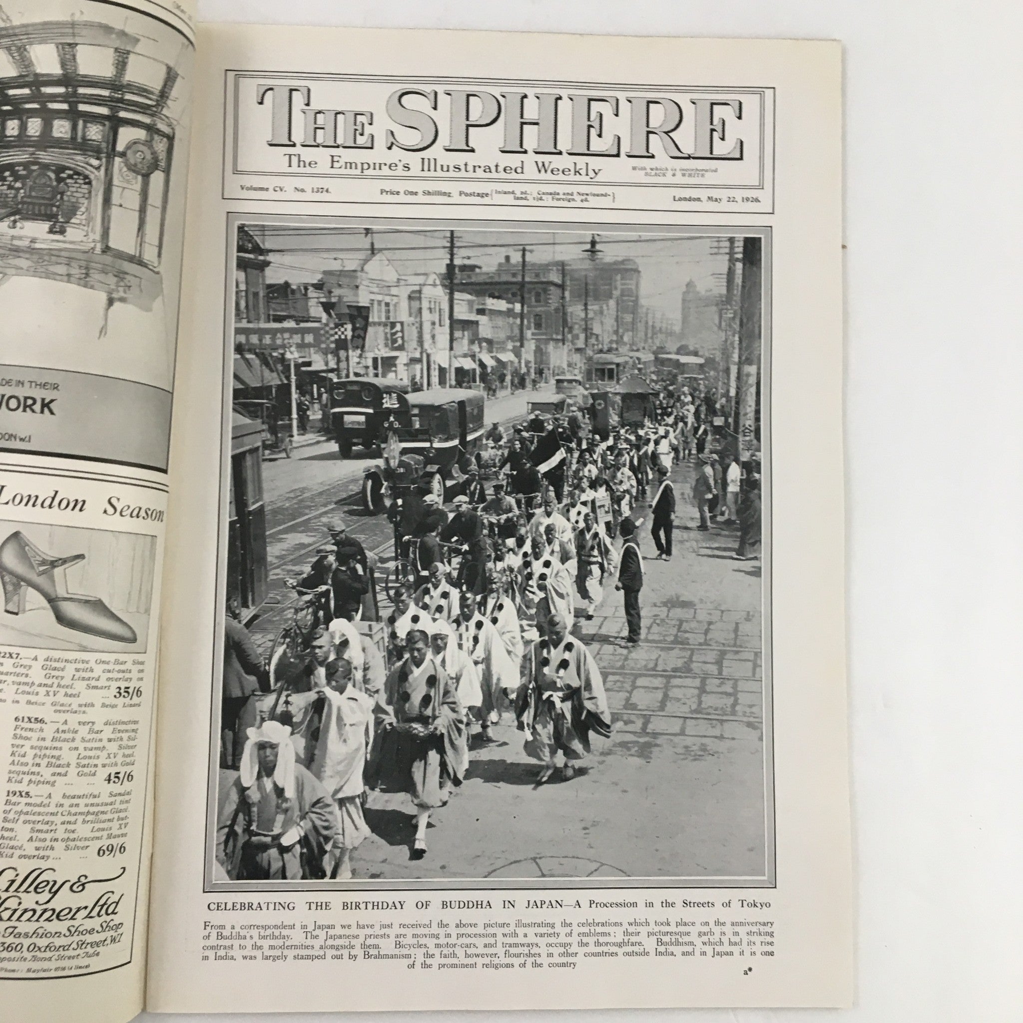 Historic image from The Sphere Newspaper May 8 1926, featuring a procession celebrating the birthday of Buddha in the streets of Tokyo, Japan.
