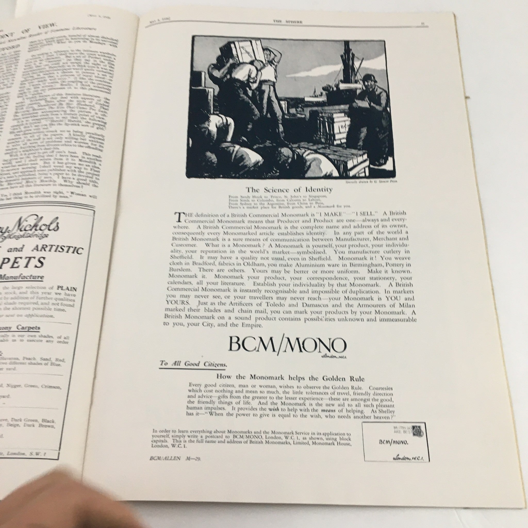 The Science of Identity article in The Sphere Newspaper May 8 1926, featuring a vintage illustration of workers and ships.