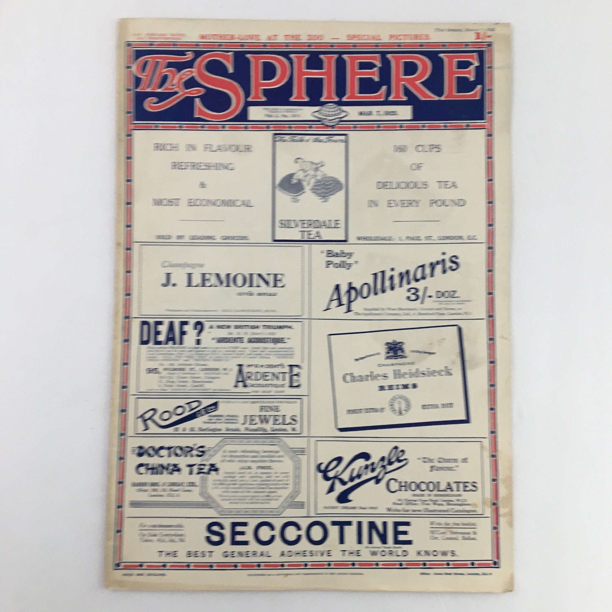The Sphere Newspaper March 1925 advertisement page with various products and services, presenting a vintage layout.