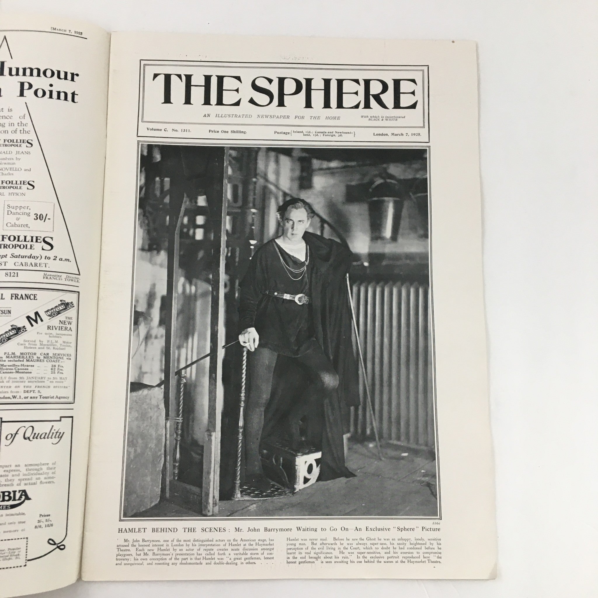 The Sphere Newspaper March 7 1925 featuring Mr. John Barrymore in Hamlet, showcasing a behind-the-scenes glimpse of the production.