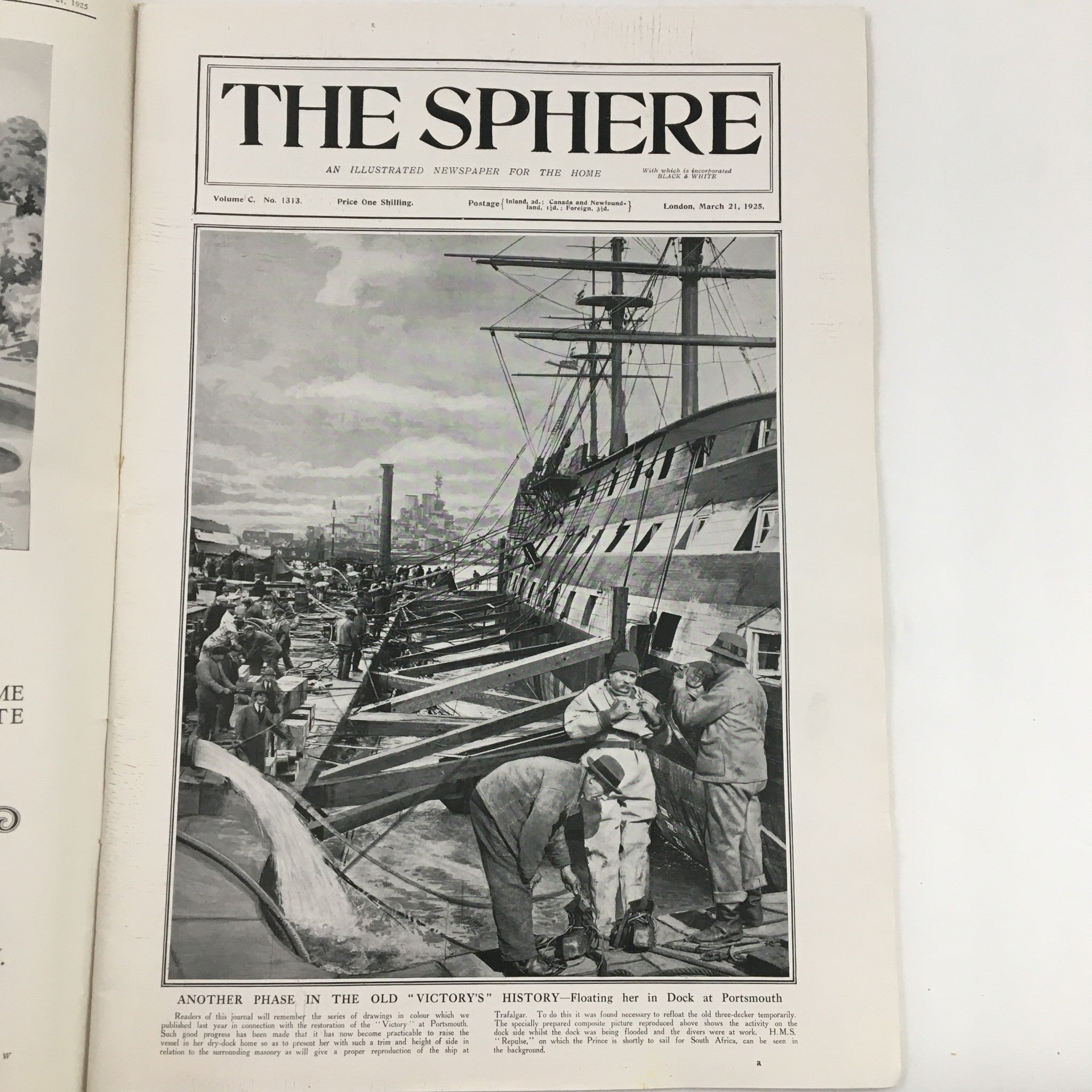 Cover of The Sphere Newspaper dated March 21, 1925, featuring the article 'Another Phase in The Old "Victory's" History', depicting shipworkers at a dock in Portsmouth, illustrating the maritime activities of the era.