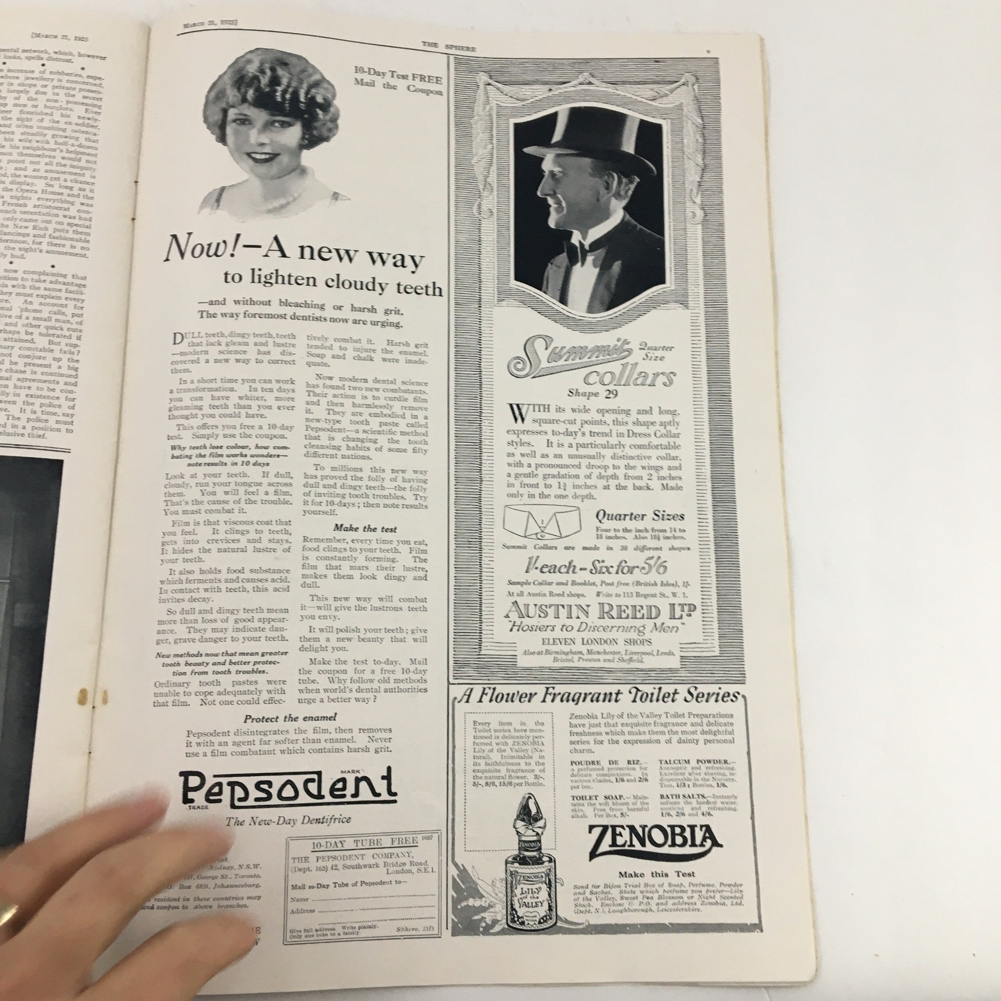 Another inside page of The Sphere Newspaper March 21 1925 featuring an advertisement for Pepsodent and showcasing a vintage illustration.