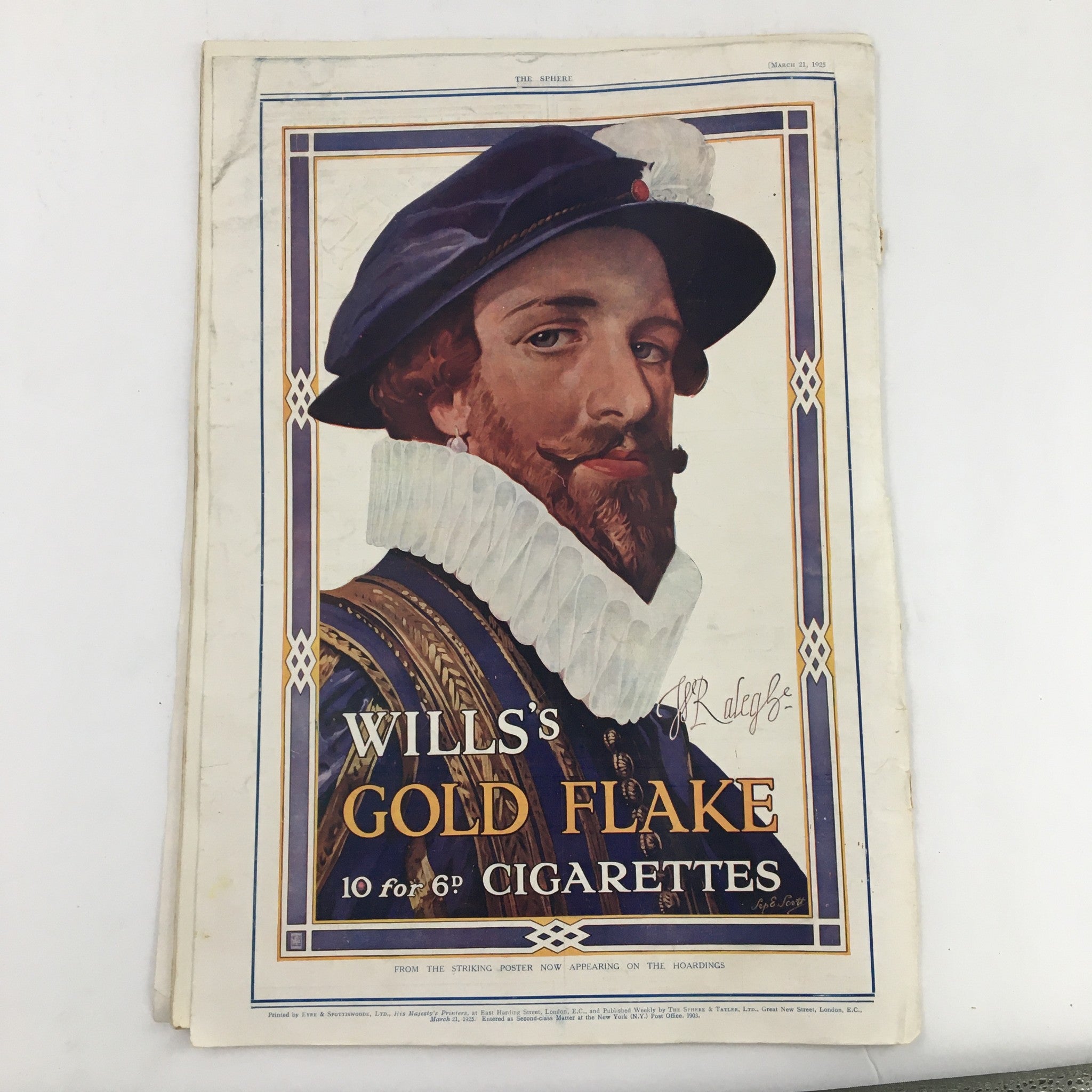Back cover of The Sphere Newspaper March 21 1925 displaying an advertisement for Wills's Gold Flake cigarettes featuring a portrait of a historical figure.