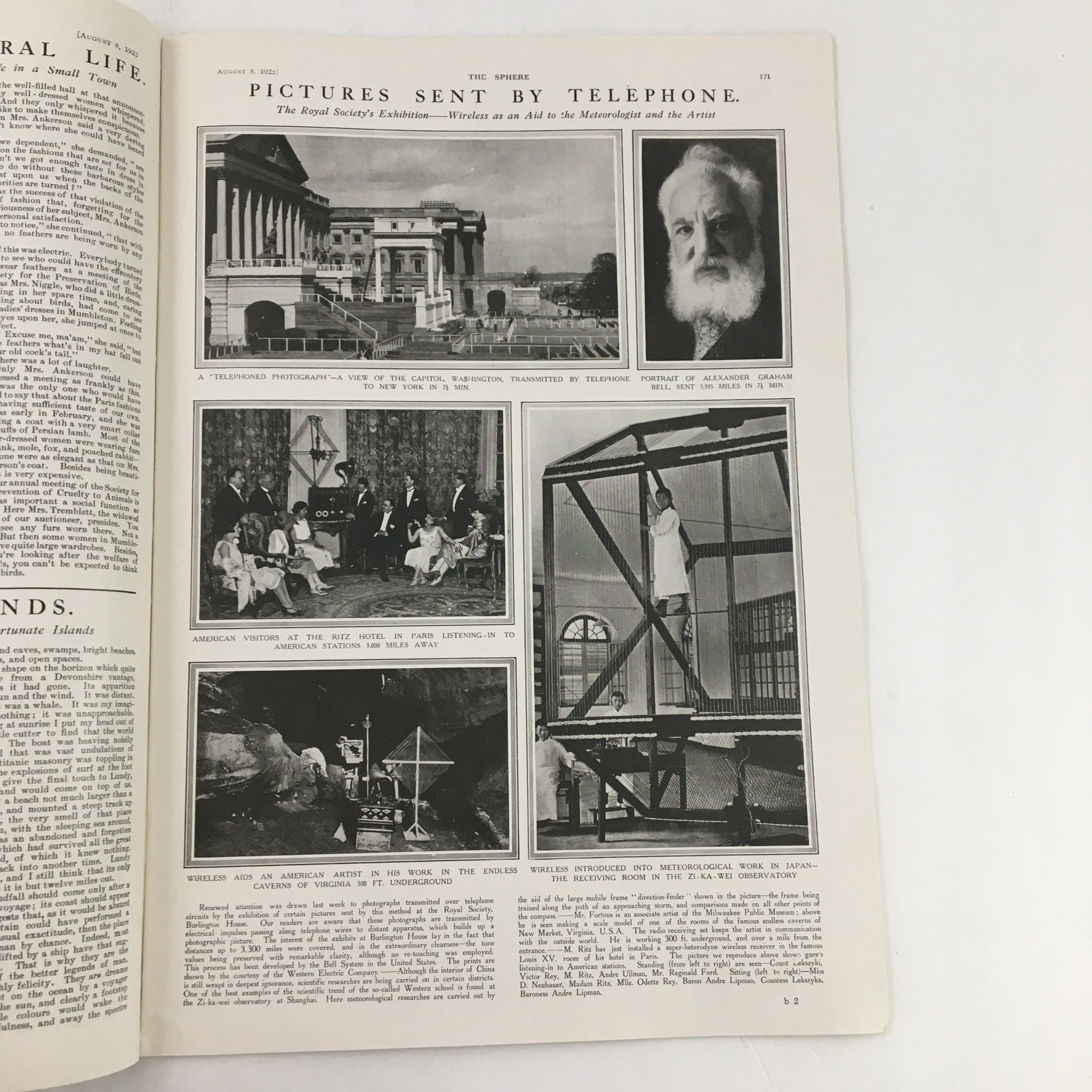 The Sphere Newspaper August 8, 1925 showcasing pictures sent by telephone, featuring various images, including historical figures and significant inventions.