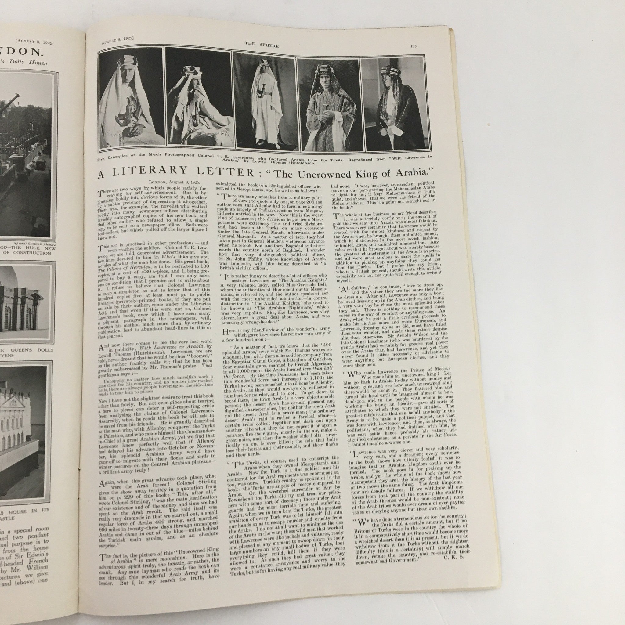 The Sphere Newspaper August 8, 1925 displaying a literary letter titled 'The Uncrowned King of Arabia,' featuring portraits and articles about notable personalities.