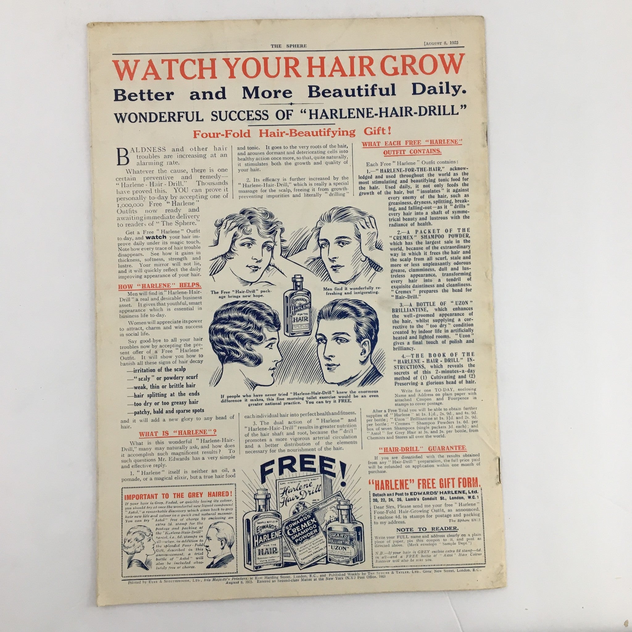 The Sphere Newspaper August 8, 1925 featuring an advertisement titled 'Watch Your Hair Grow,' promoting hair care products with illustrated testimonials.