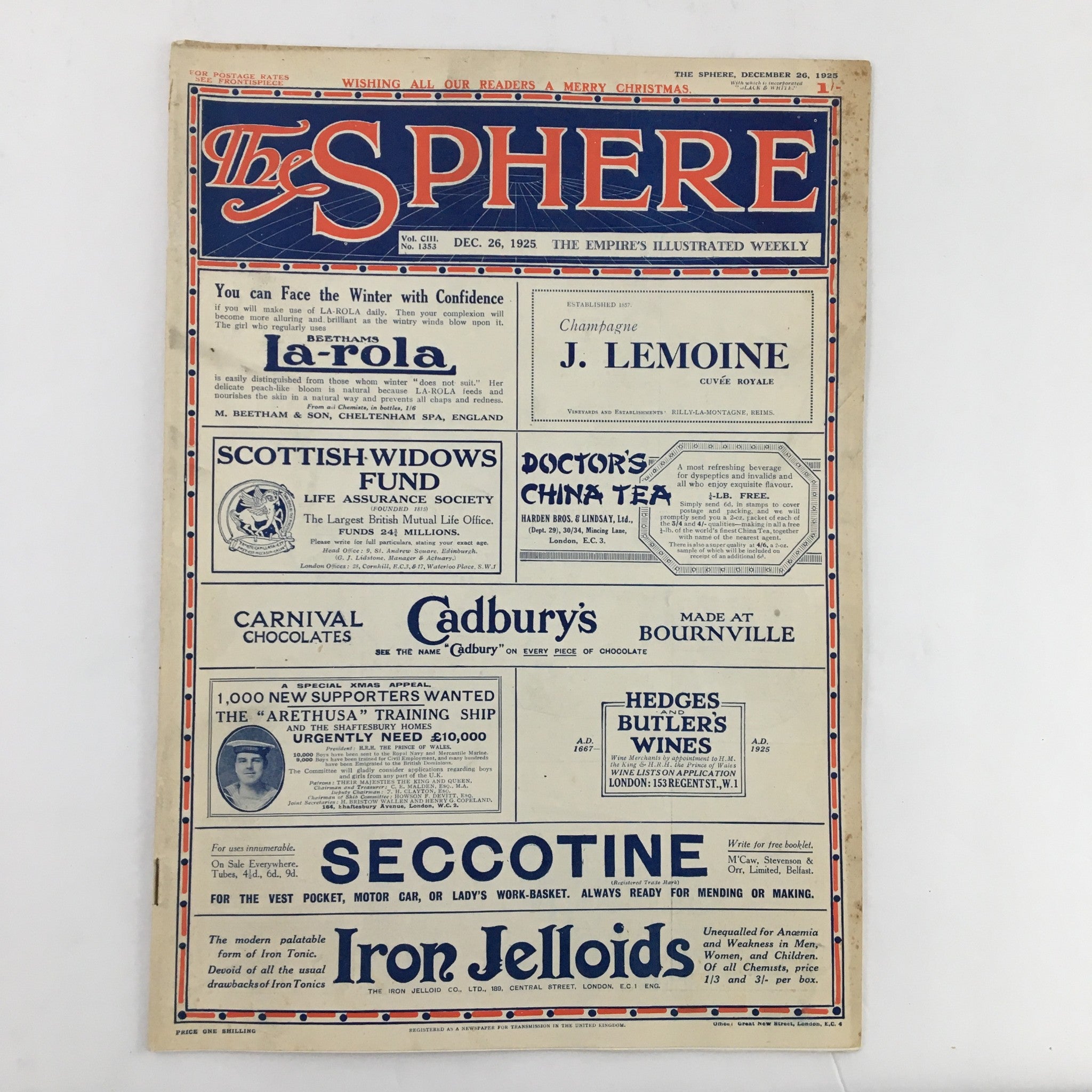 The Sphere Newspaper December 26, 1925 front page showcasing advertisements and features including la-rola, Scottish Widows Fund, and Cadbury's.