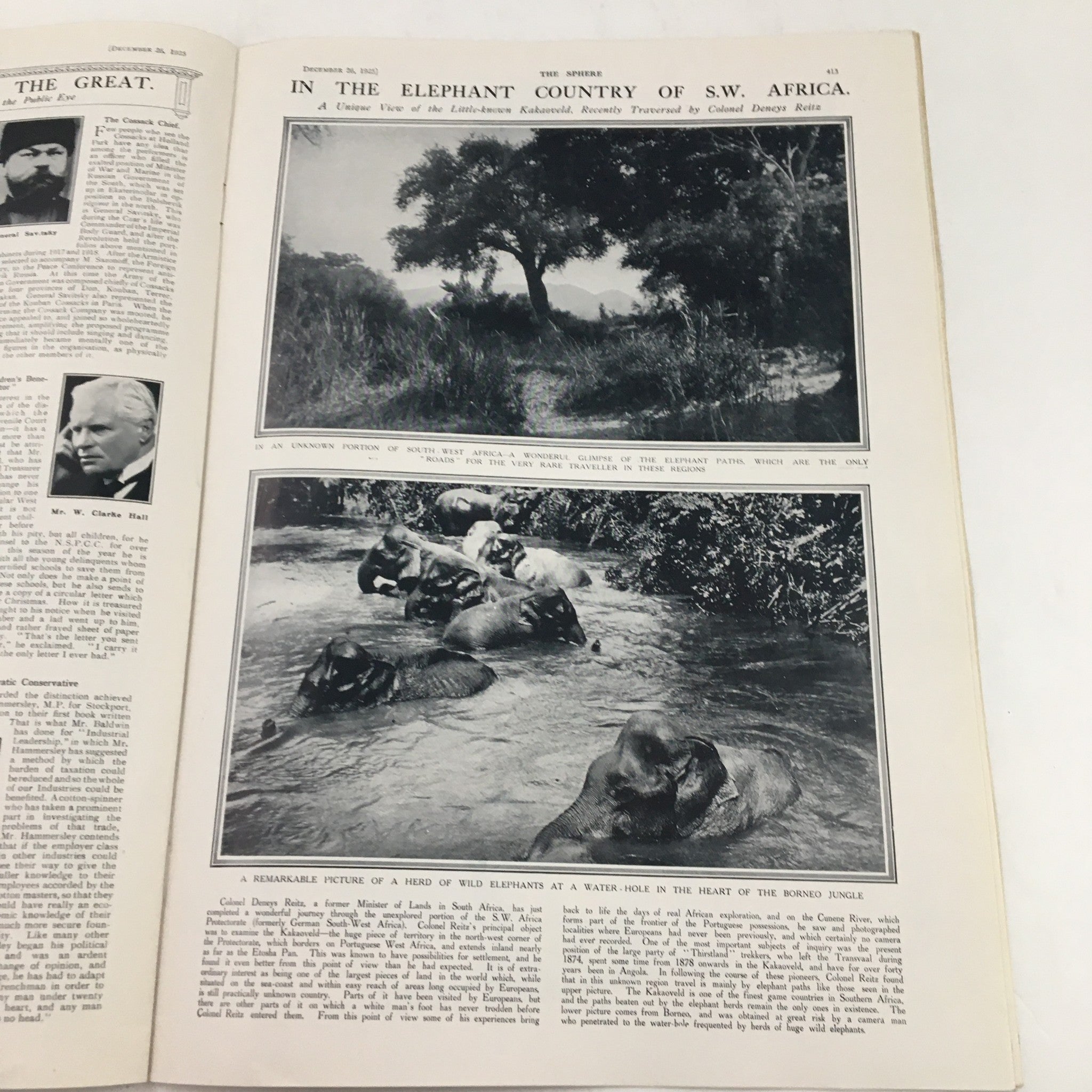 The Sphere Newspaper December 26, 1925 detailing aspects of wildlife in South-West Africa, featuring images of elephants.