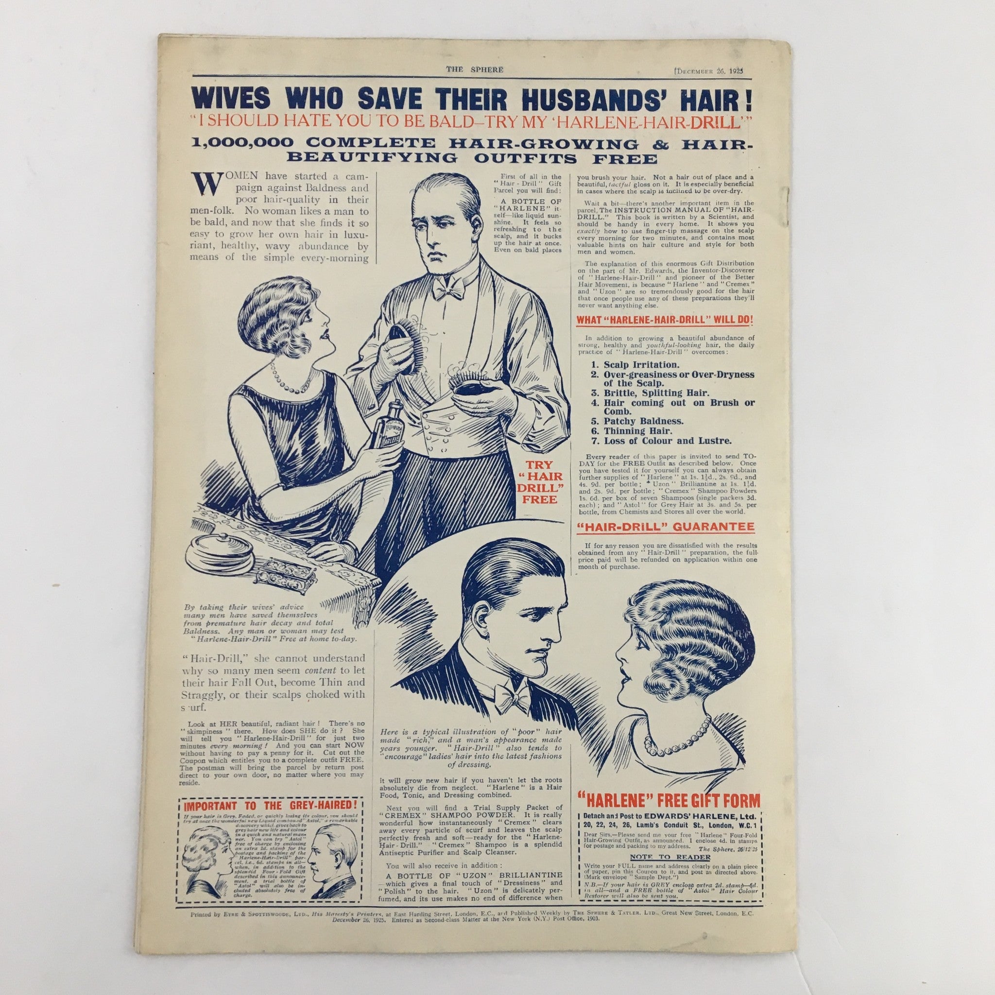 The Sphere Newspaper December 26, 1925 advertisement promoting 'Harlene-Hair Drill' for hair growth and beauty.