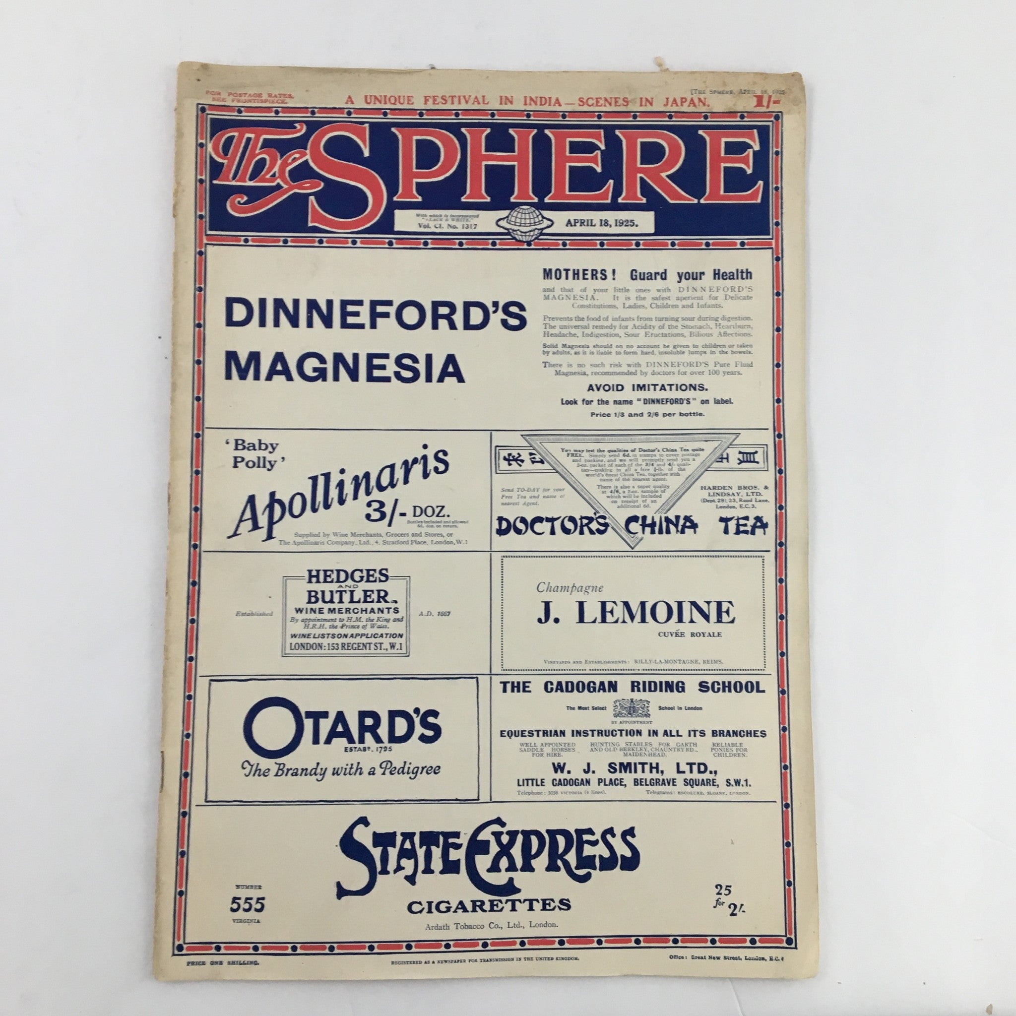 The Sphere Newspaper April 18 1925 cover, includes advertisements and unique designs from the era, highlighting vintage aesthetics and content.