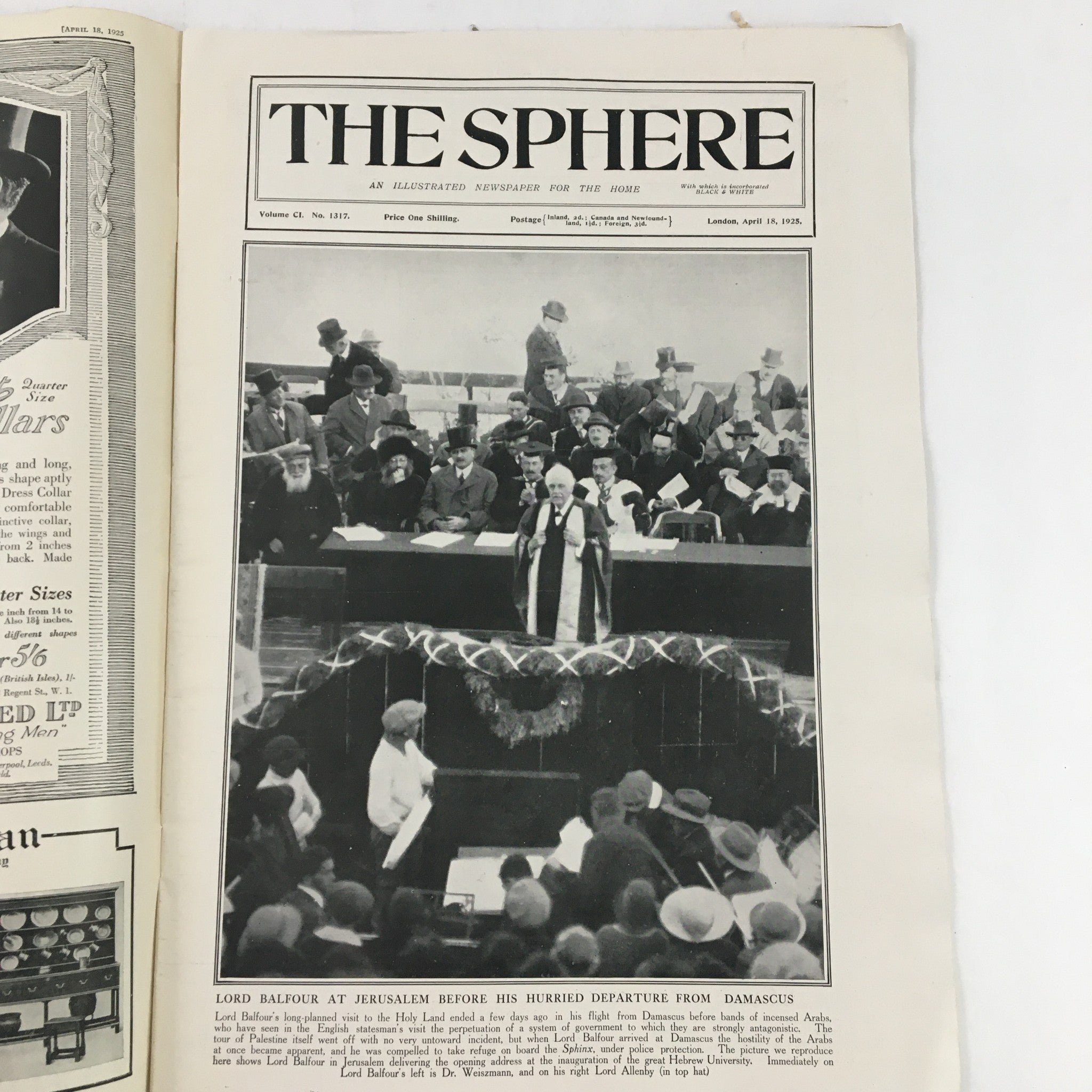 The Sphere Newspaper April 18 1925, featuring Lord Balfour at Jerusalem before his departure from Damascus, showcasing historical significance.