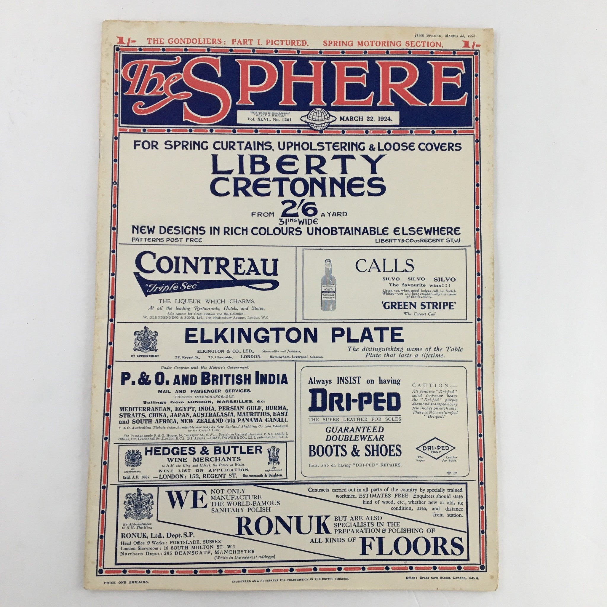 The Sphere Newspaper March 22 1924 front page displaying advertisements and articles, highlighting Liberty Cretones and other featured products.