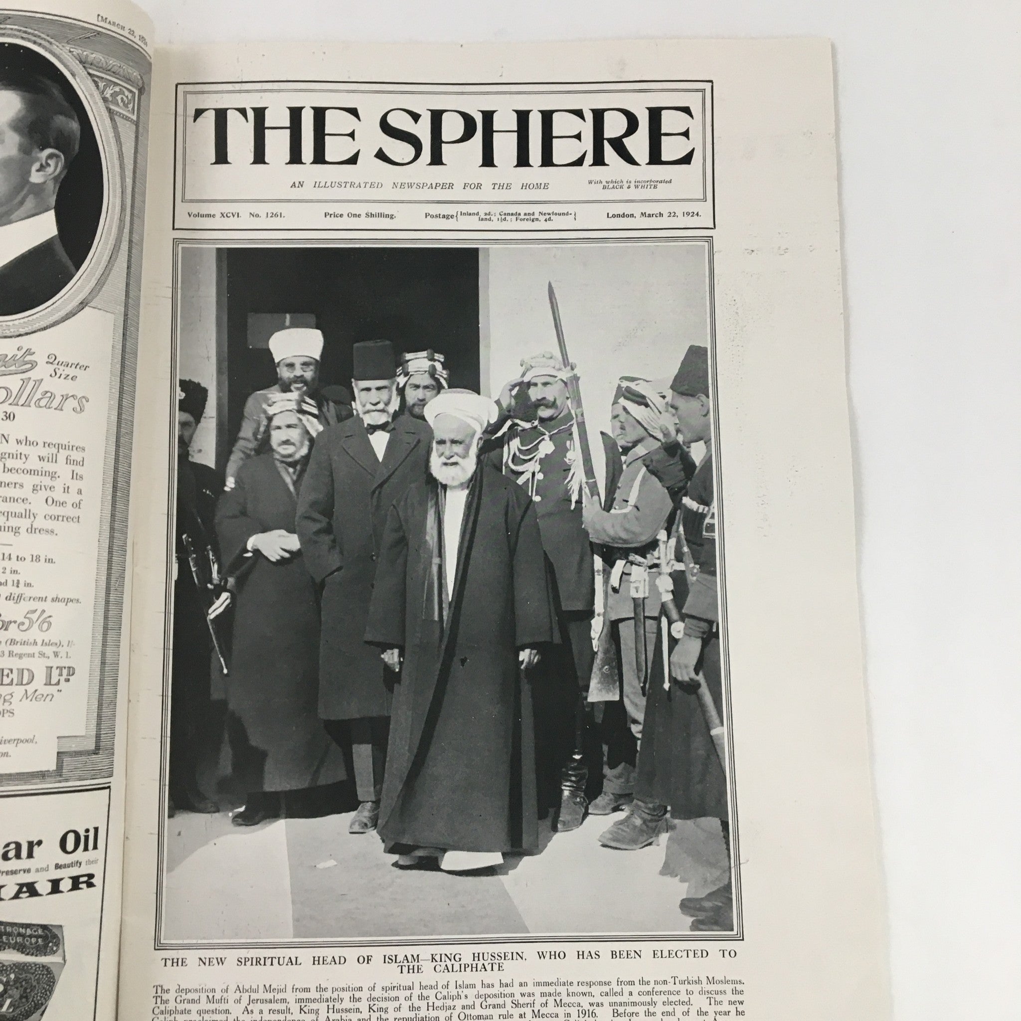 The Sphere Newspaper March 22 1924 featuring The New Spiritual Head of Islam King Hussein, showcasing a historical photograph of King Hussein with officials.