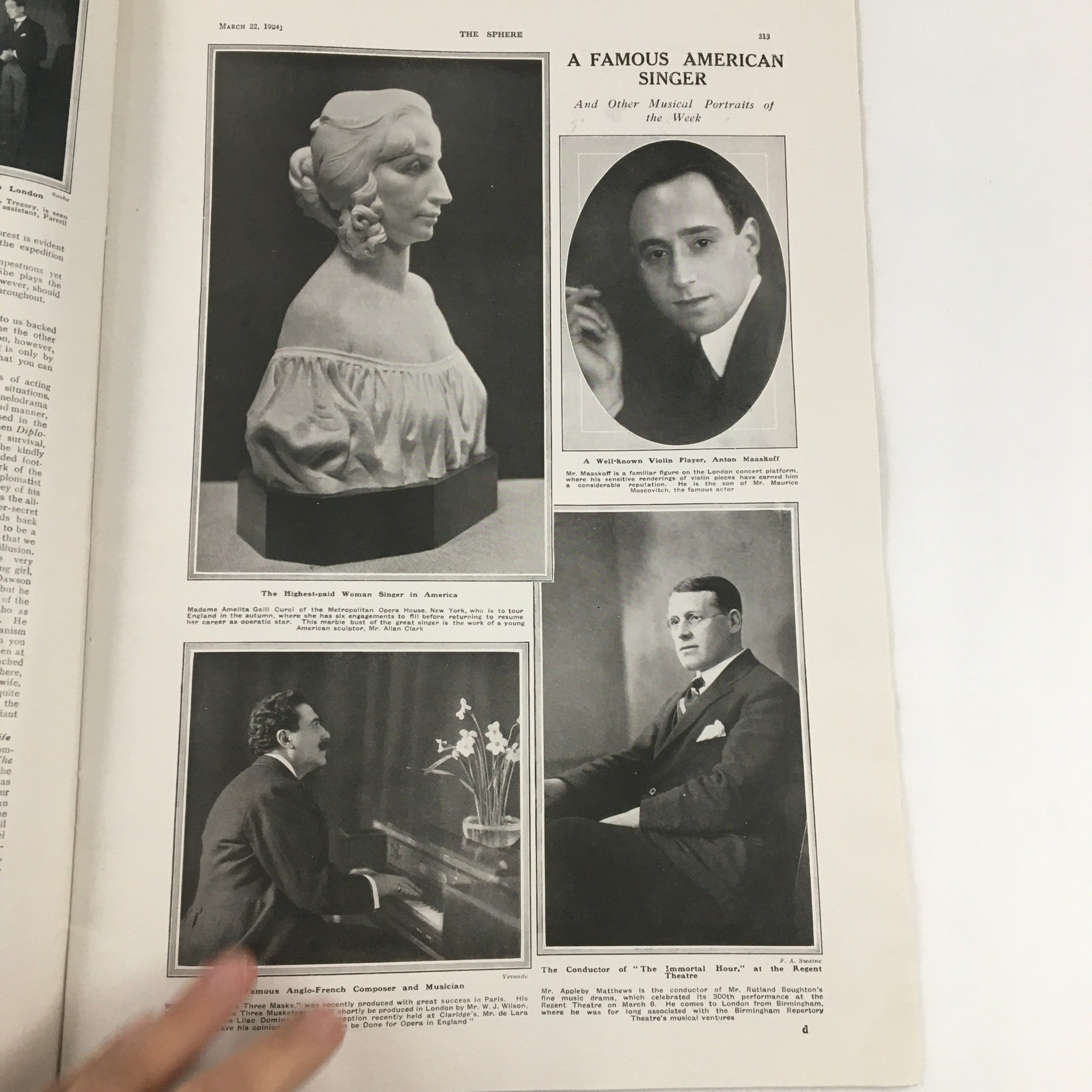 Interior pages of The Sphere Newspaper from March 22, 1924, showcasing a famous American singer alongside portraits and photographs. The publication is informative and visually appealing.
