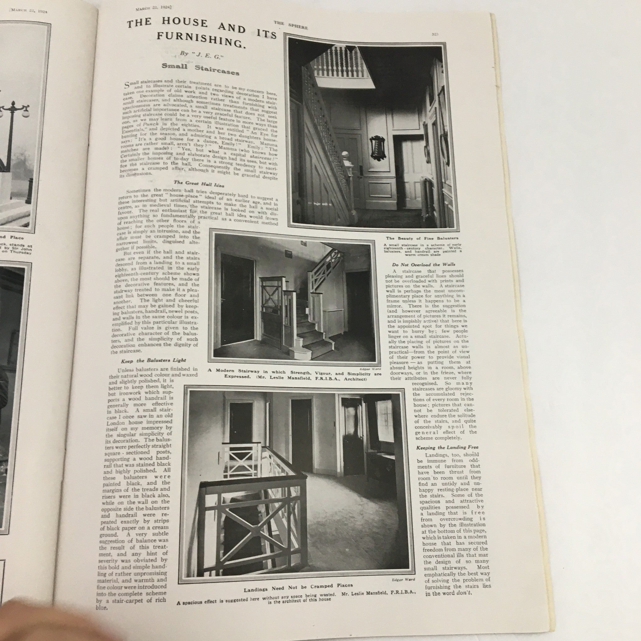 Pages from The Sphere Newspaper, March 22, 1924, detailing house furnishings and design with photographs of small staircases and an elegant interior. Relevant for architecture and decor enthusiasts.