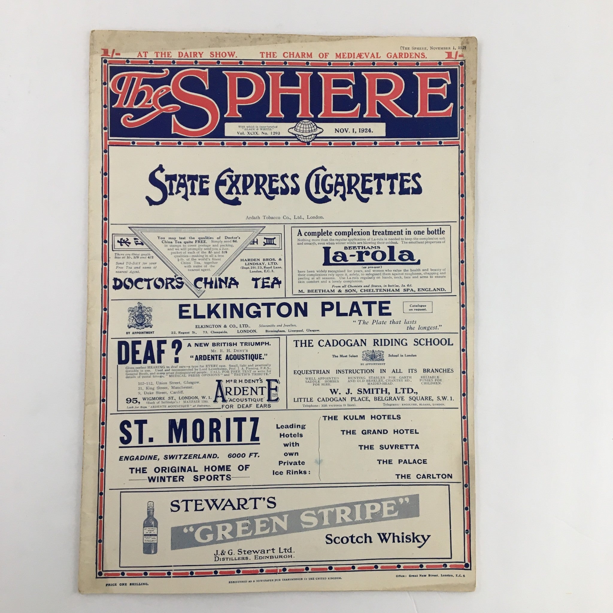 The Sphere Newspaper cover for November 1, 1924, displaying advertisements for various products including State Express Cigarettes and Doctor's China Tea.