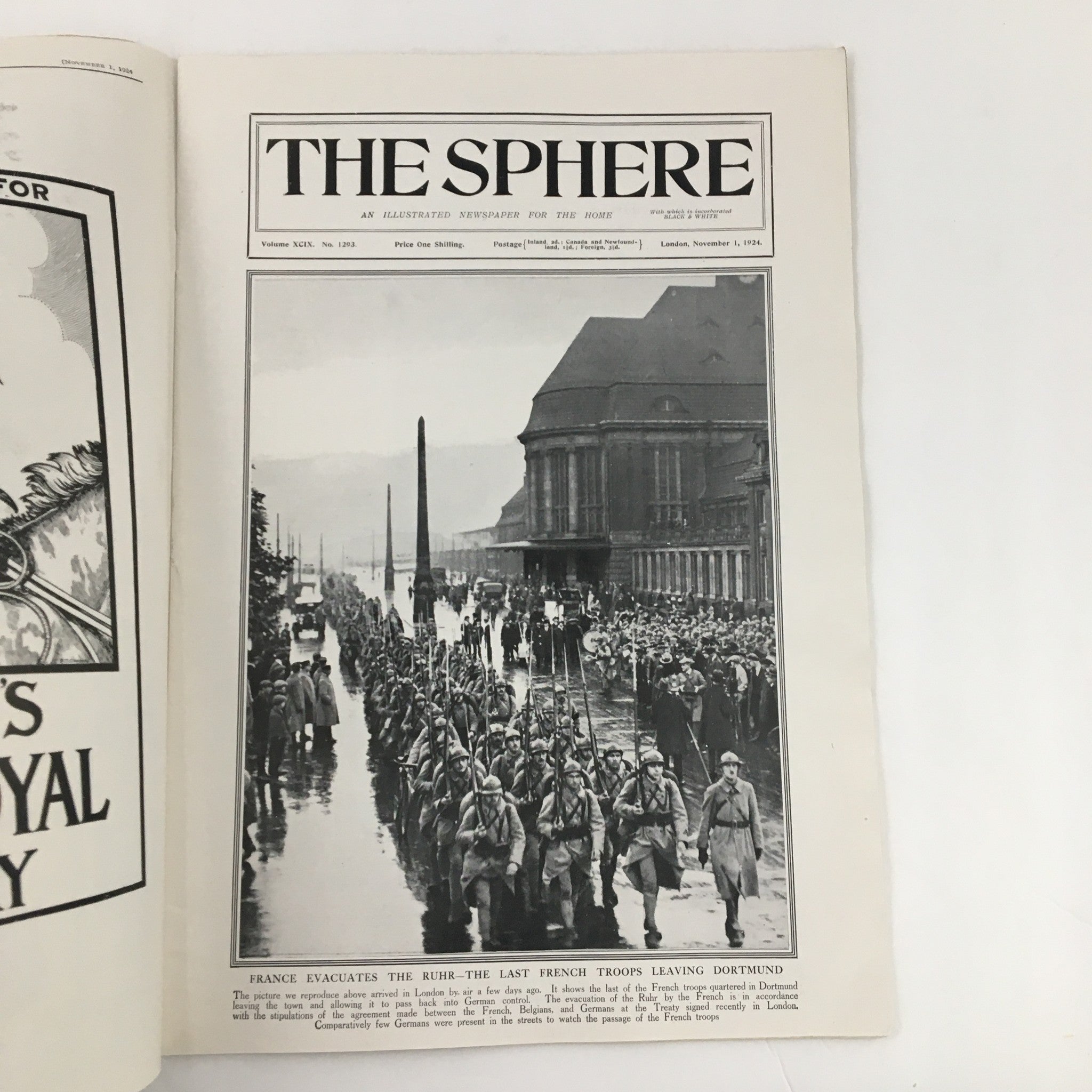 The Sphere Newspaper, November 1, 1924, featuring the image of the last French troops leaving Dortmund during their evacuation from the Ruhr region.