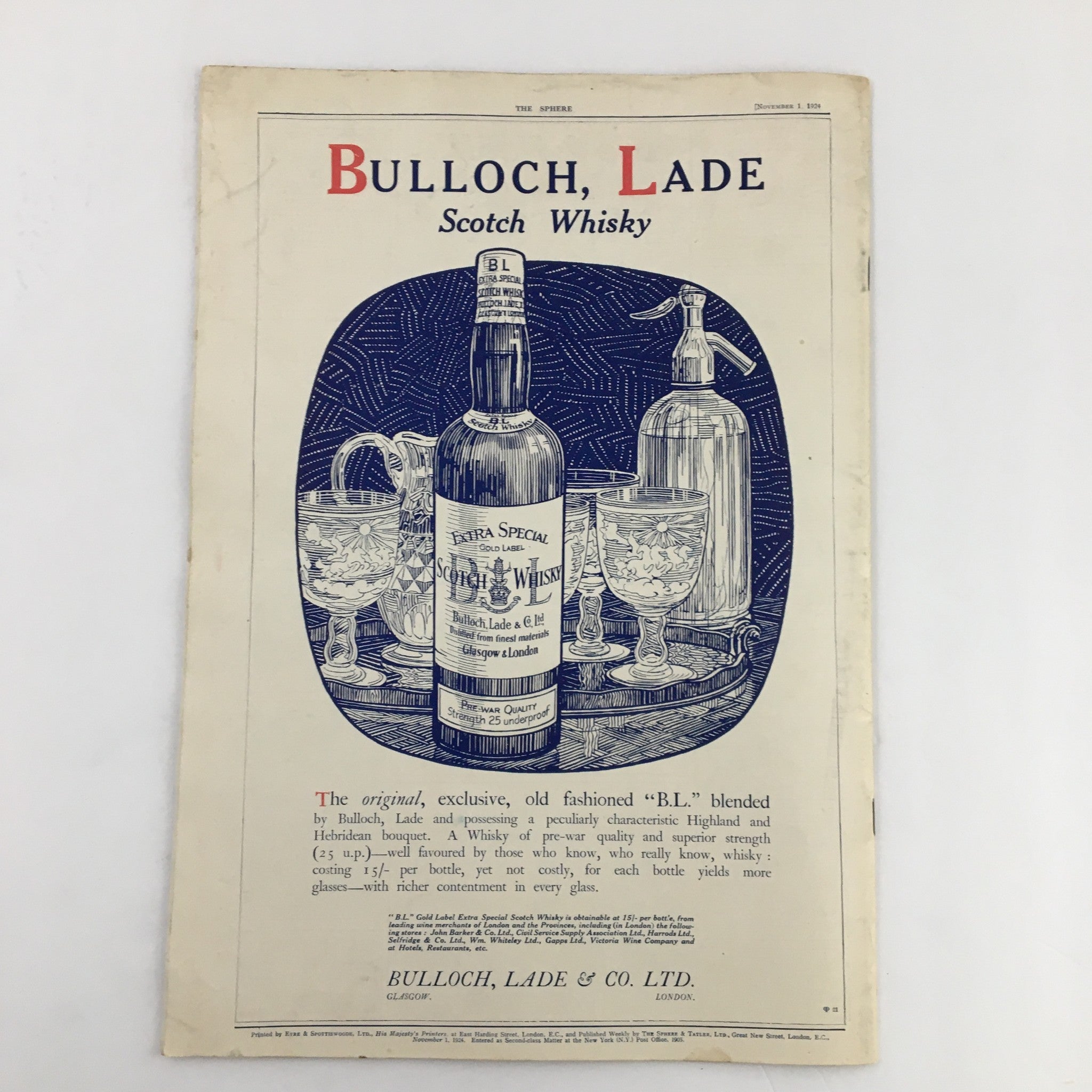 The Sphere Newspaper November 1 1924 The Last French Troops Leaving Dortmund - An advertisement page for Bulloch, Lade Scotch Whisky featuring a classic whiskey bottle and glassware, emphasizing vintage marketing design.