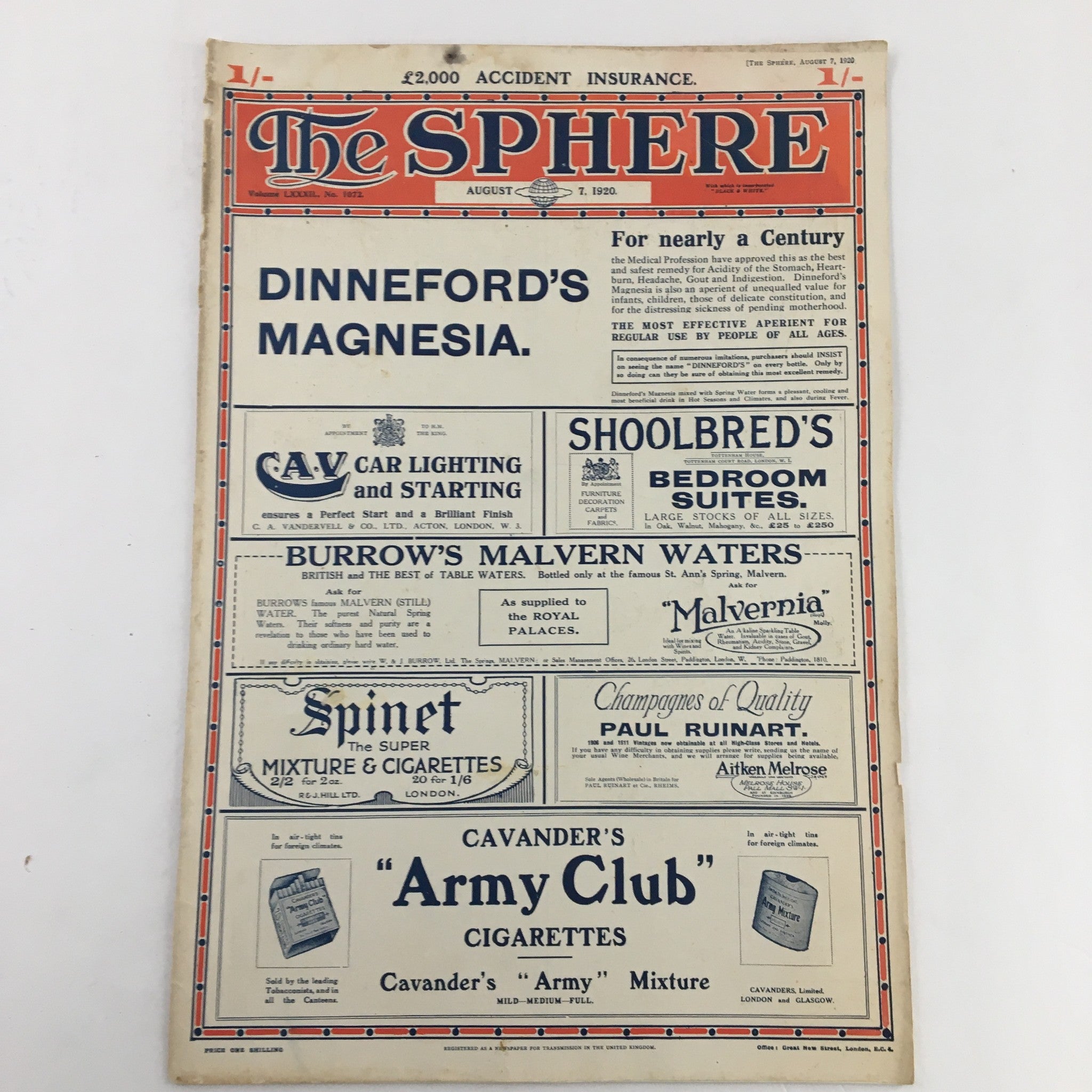 The Sphere Newspaper August 7 1920 back cover showcasing advertisements, including Dinneford's Magnesia and various products, illustrating early 20th-century advertising.