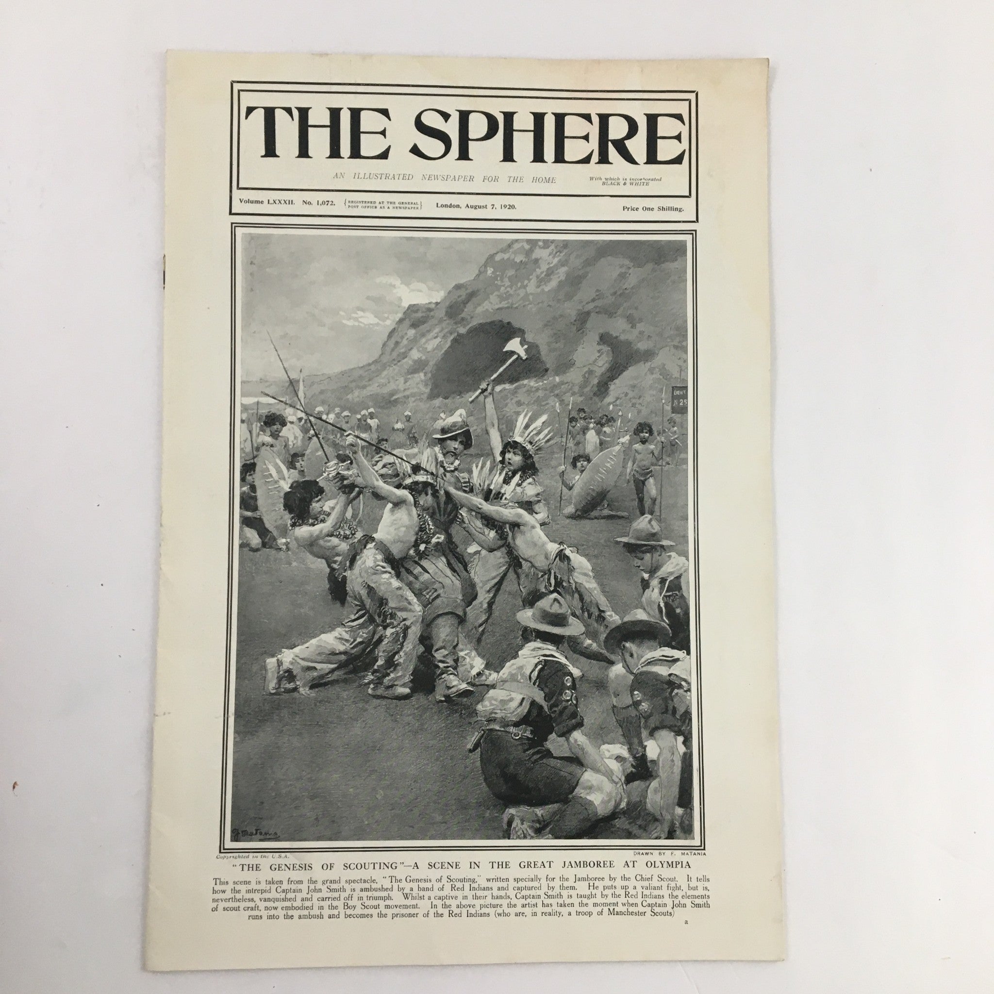 The Sphere Newspaper August 7 1920 cover featuring a historical illustration of a scouting event depicting a great assembly at Olympia.