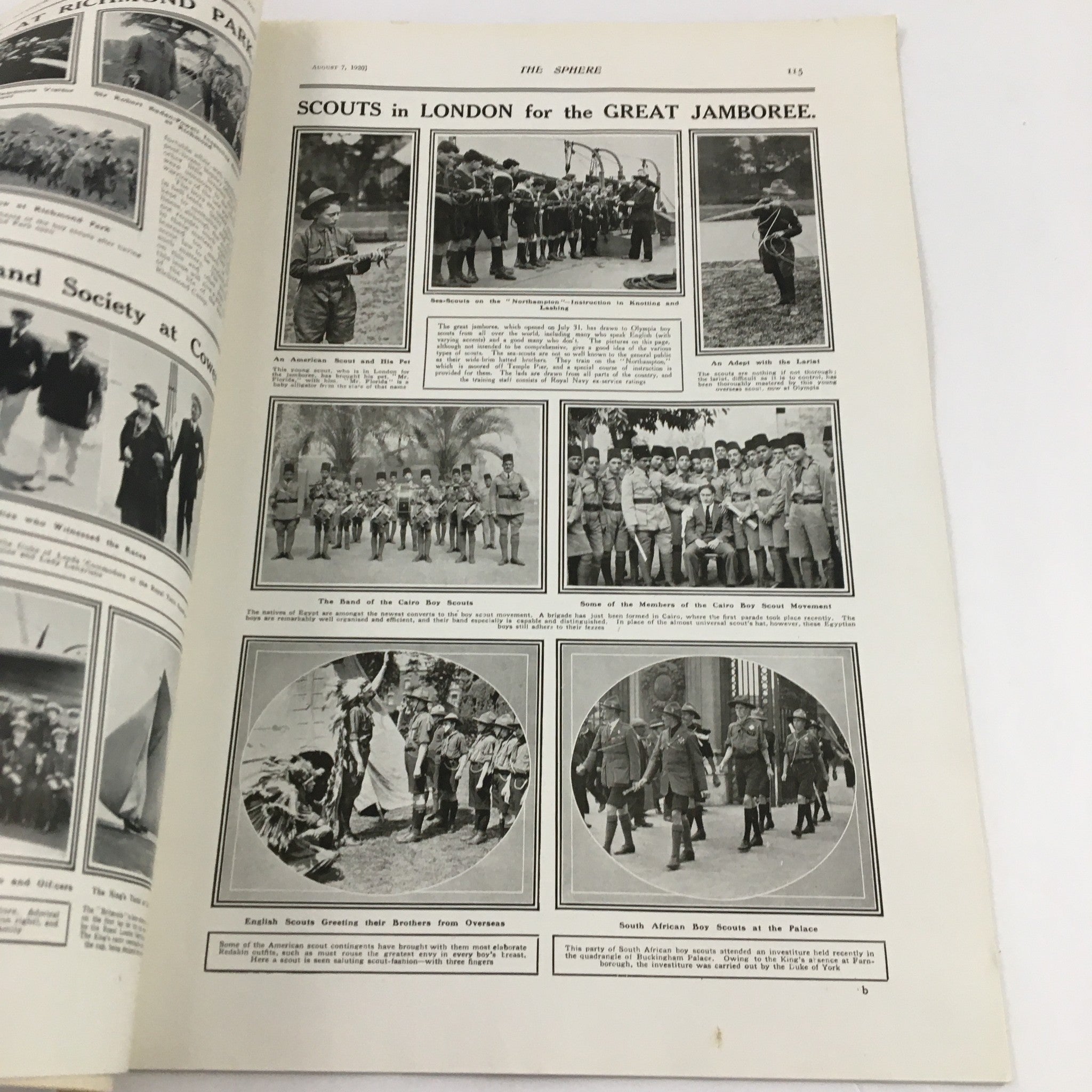 Inside page of The Sphere Newspaper August 7 1920 featuring photos of scouts in London for the Great Jamboree, documenting historical scouting events.