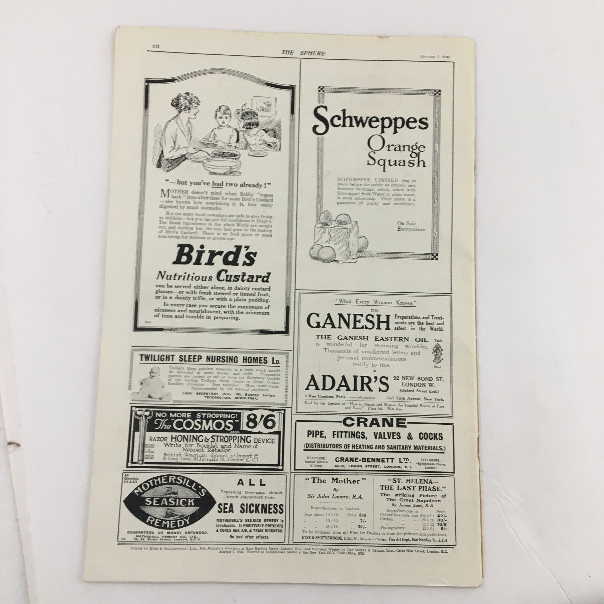 Page from The Sphere Newspaper dated August 7, 1920, showcasing advertisements including Bird's Nutritious Custard and Schweppes Orange Squash, reflecting early 20th century marketing and consumer culture.
