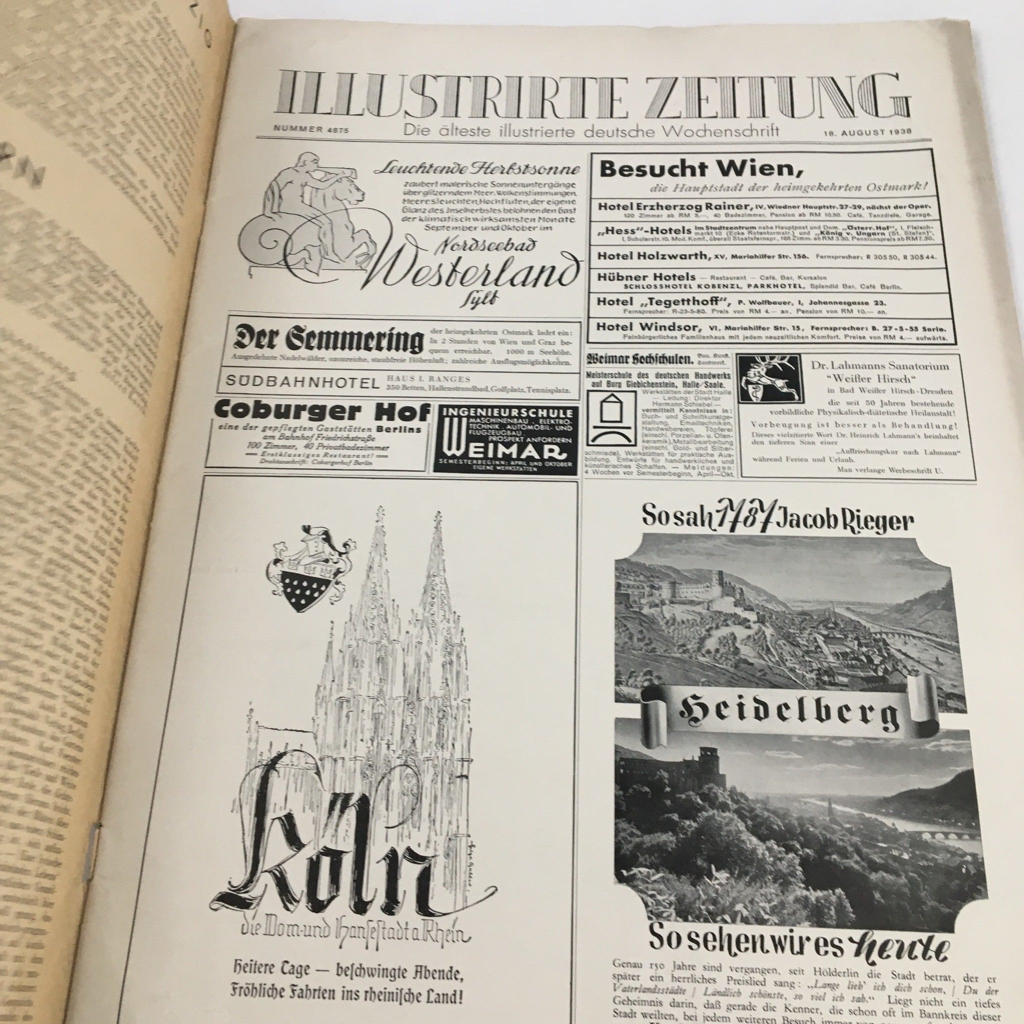 Illustrirte Zeitung Leipzig Magazine August 18 1938 Sosah 1787 Jacob Rieger