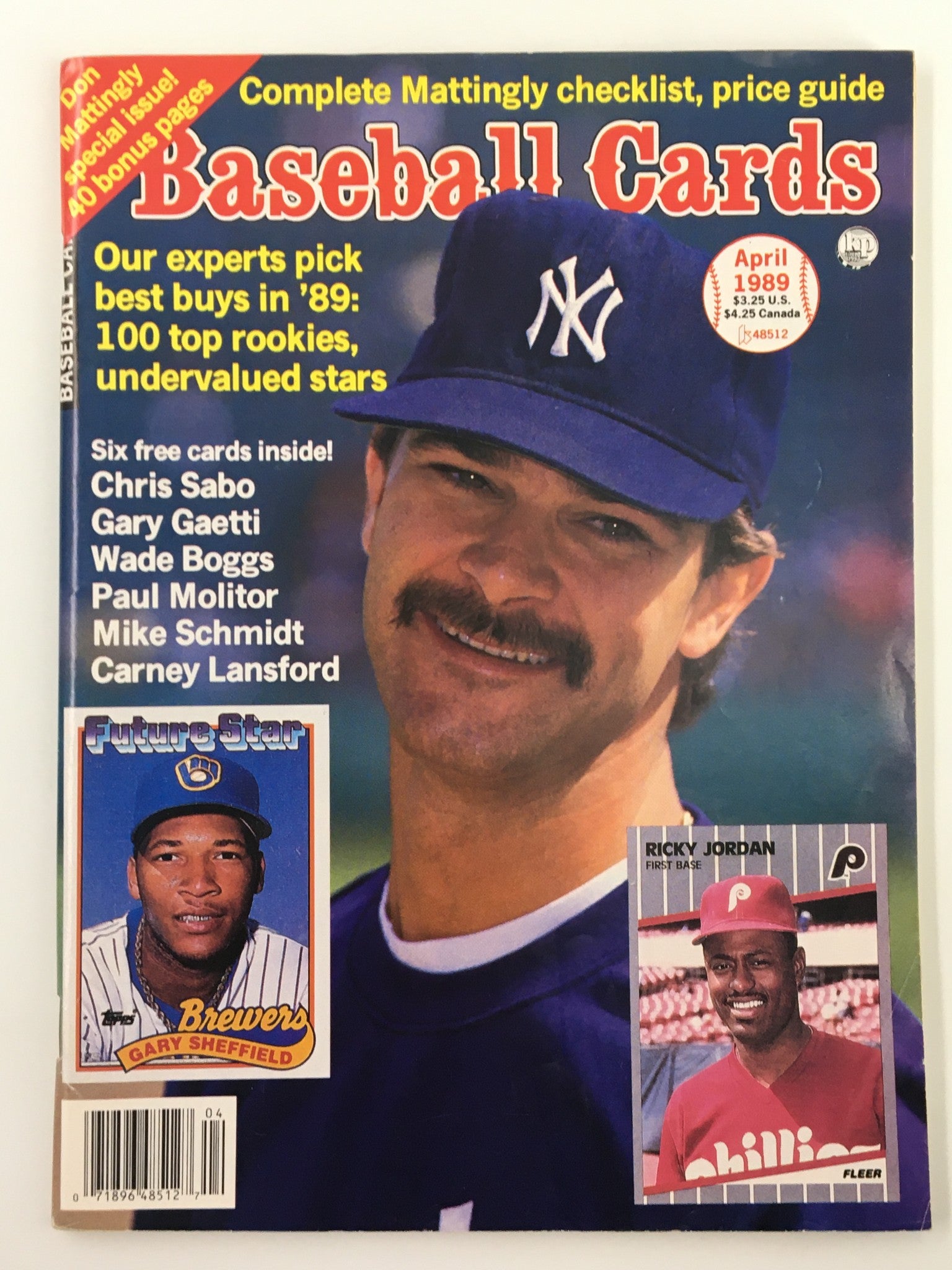 VTG Baseball Cards Magazine April 1989 featuring Don Mattingly and Gary Sheffield on the cover. Includes articles about baseball, player checklists, and tips on rookie cards, emphasizing the excitement of late 1980s baseball memorabilia.