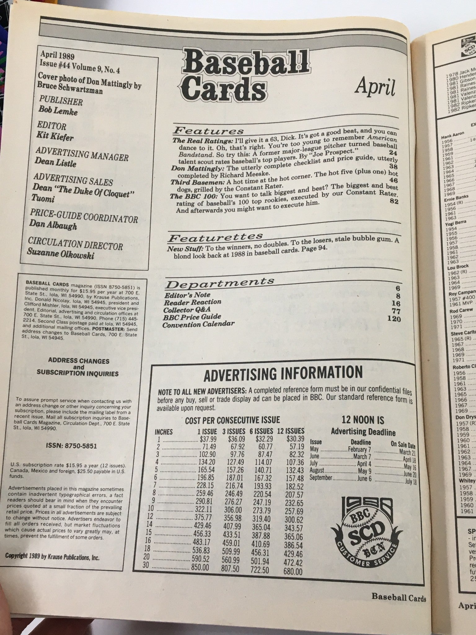 Inside page of VTG Baseball Cards Magazine April 1989, featuring advertising information and a list of magazine sections, showcasing Don Mattingly and Gary Sheffield on the cover.